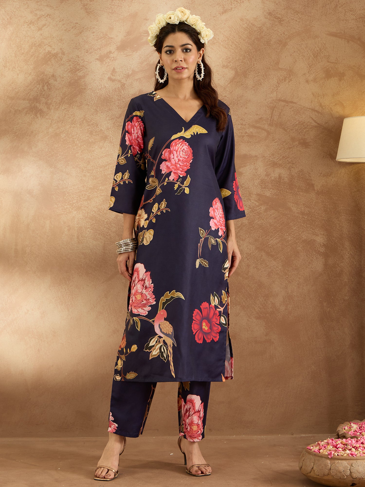 Navy Blue Printed Straight Kurta Trousers  Set