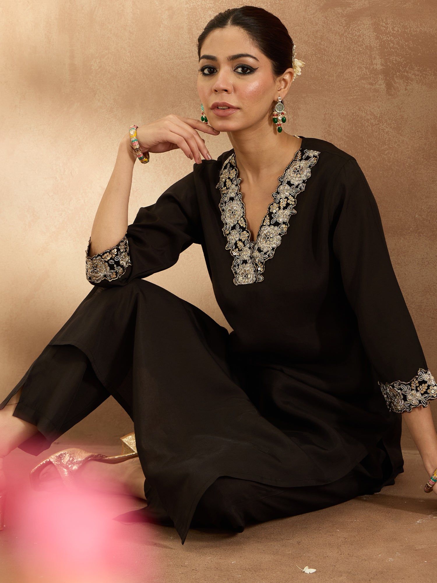 Black Embroidered Straight Kurta Trousers  Set