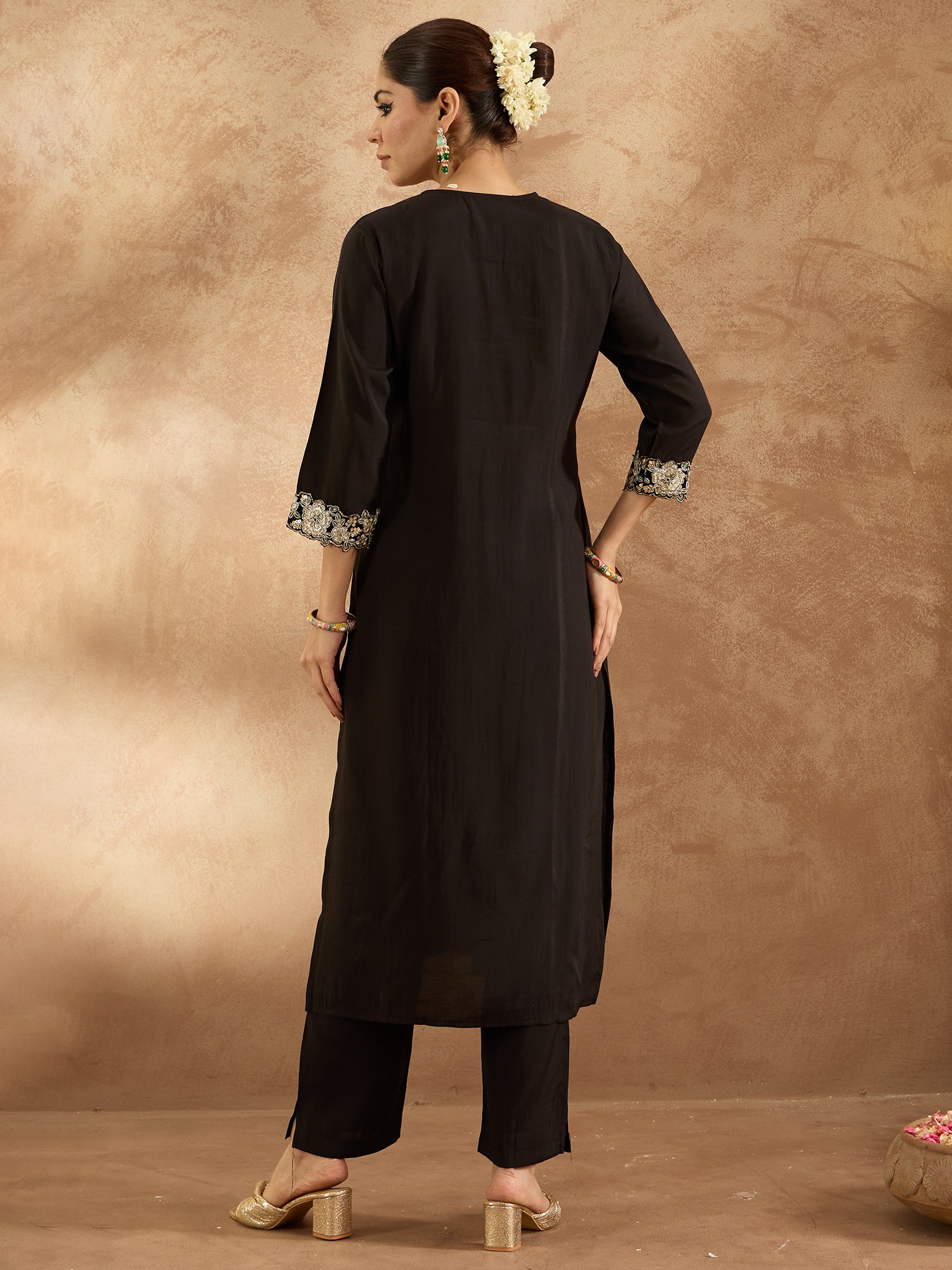 Black Embroidered Straight Kurta Trousers  Set