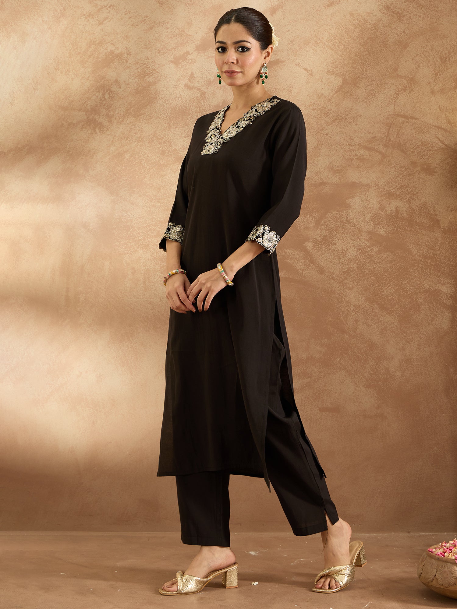 Black Embroidered Straight Kurta Trousers  Set