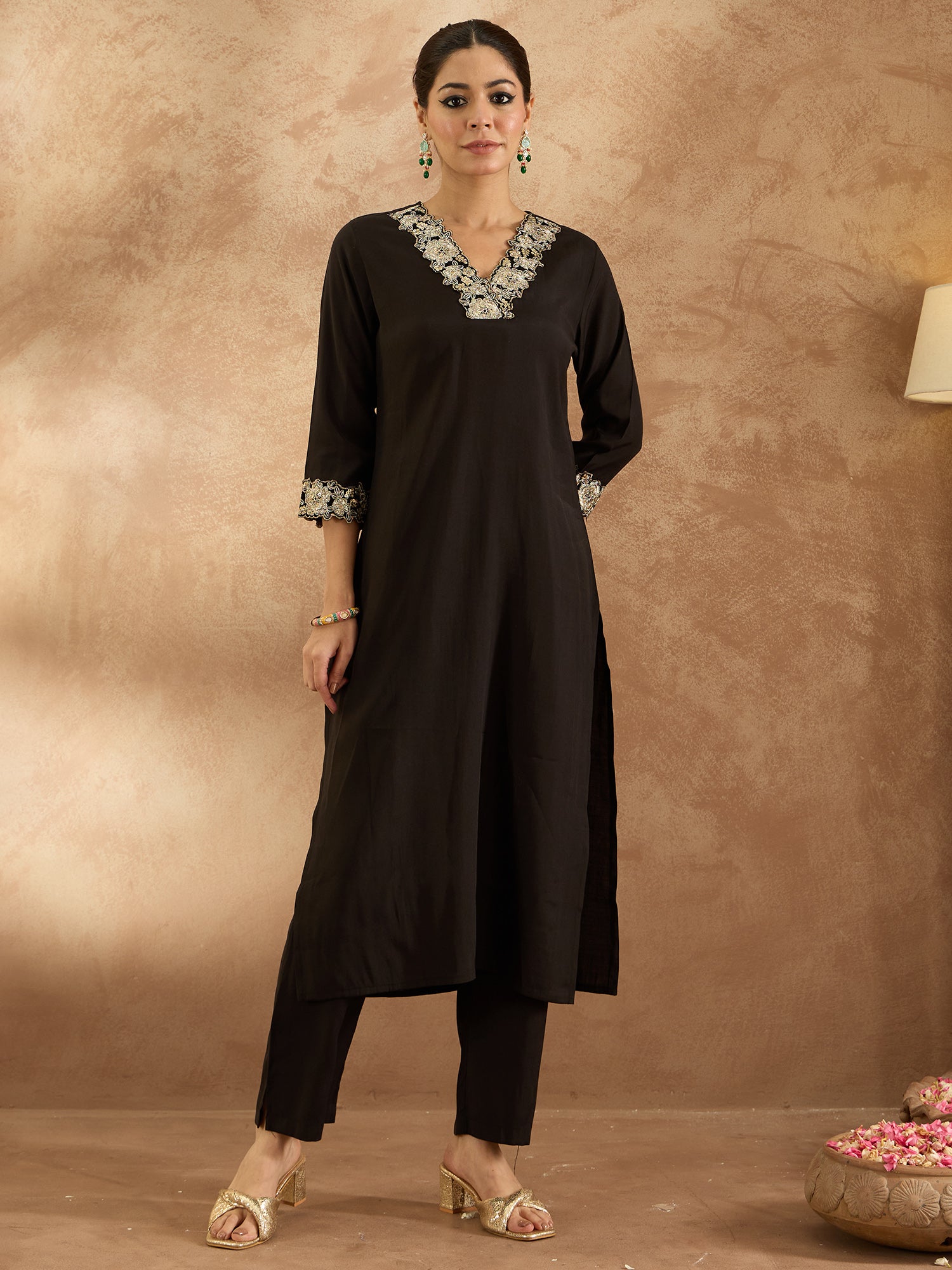 Black Embroidered Straight Kurta Trousers  Set