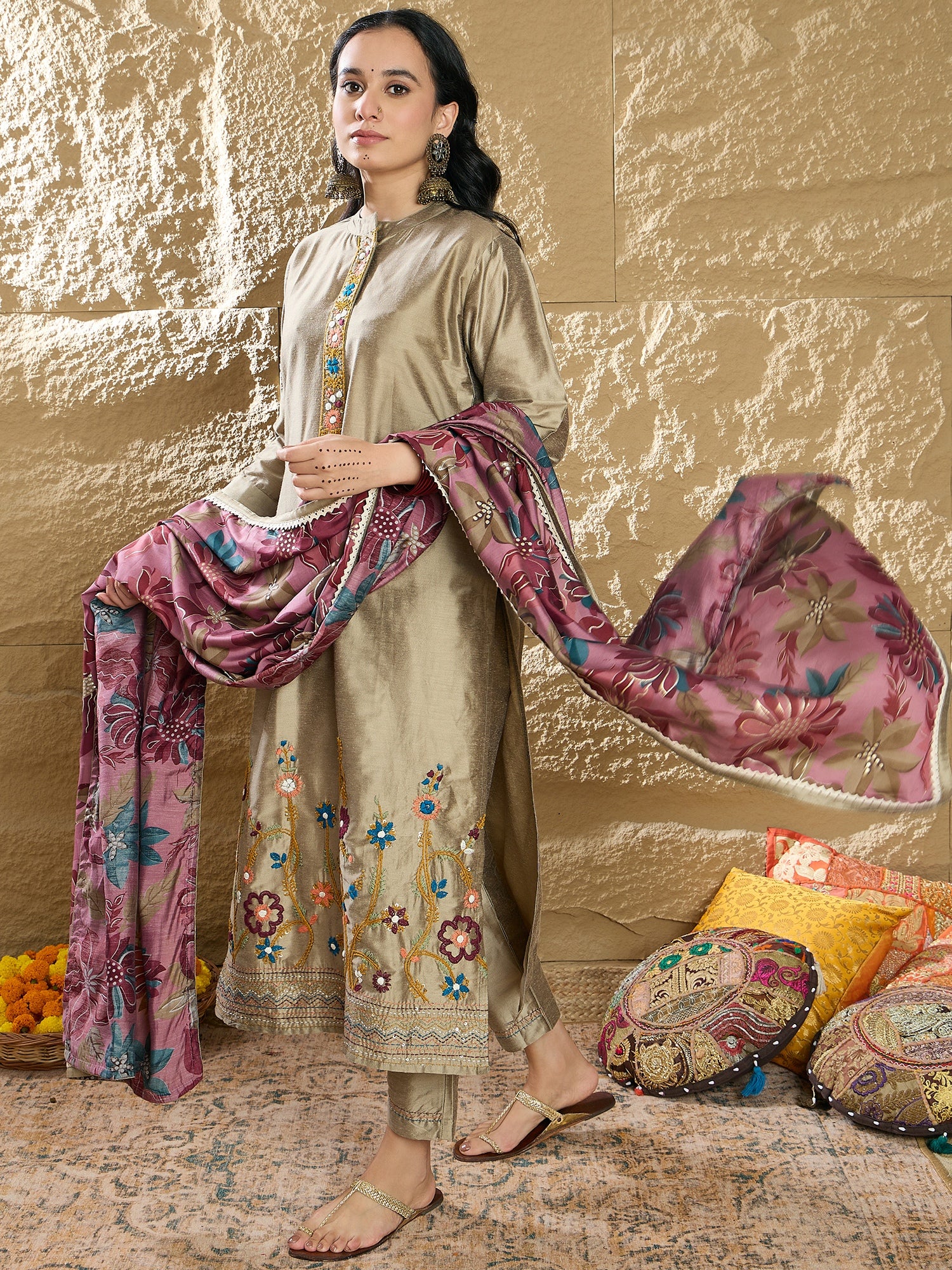 Beige Embroidered Straight Kurta Trousers With Dupatta Set