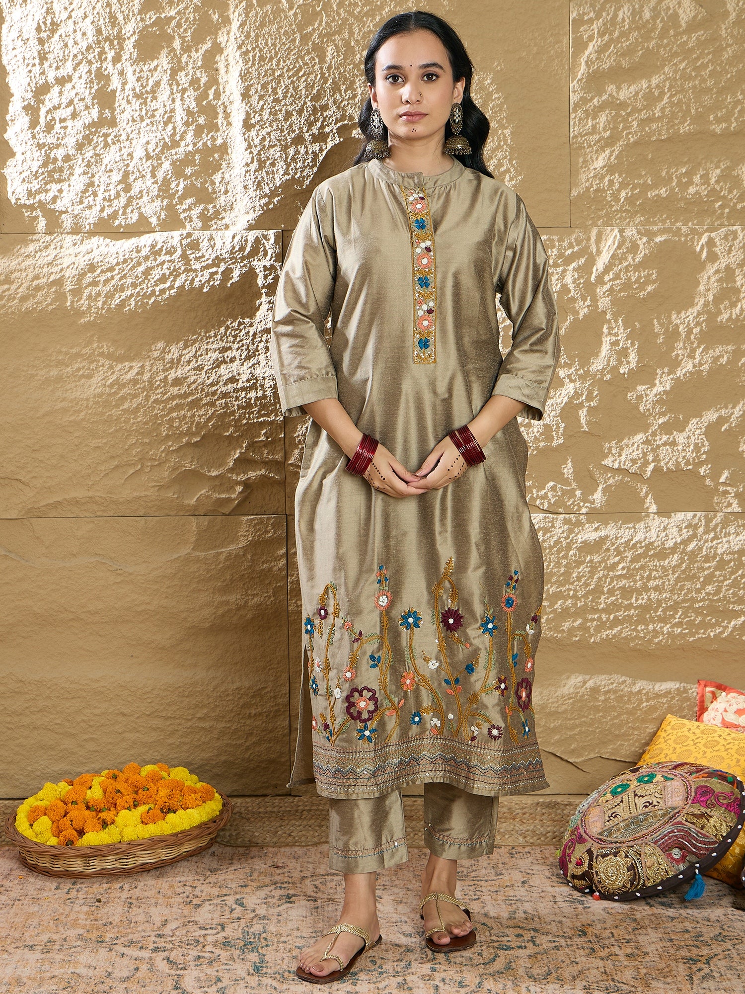 Beige Embroidered Straight Kurta Trousers With Dupatta Set