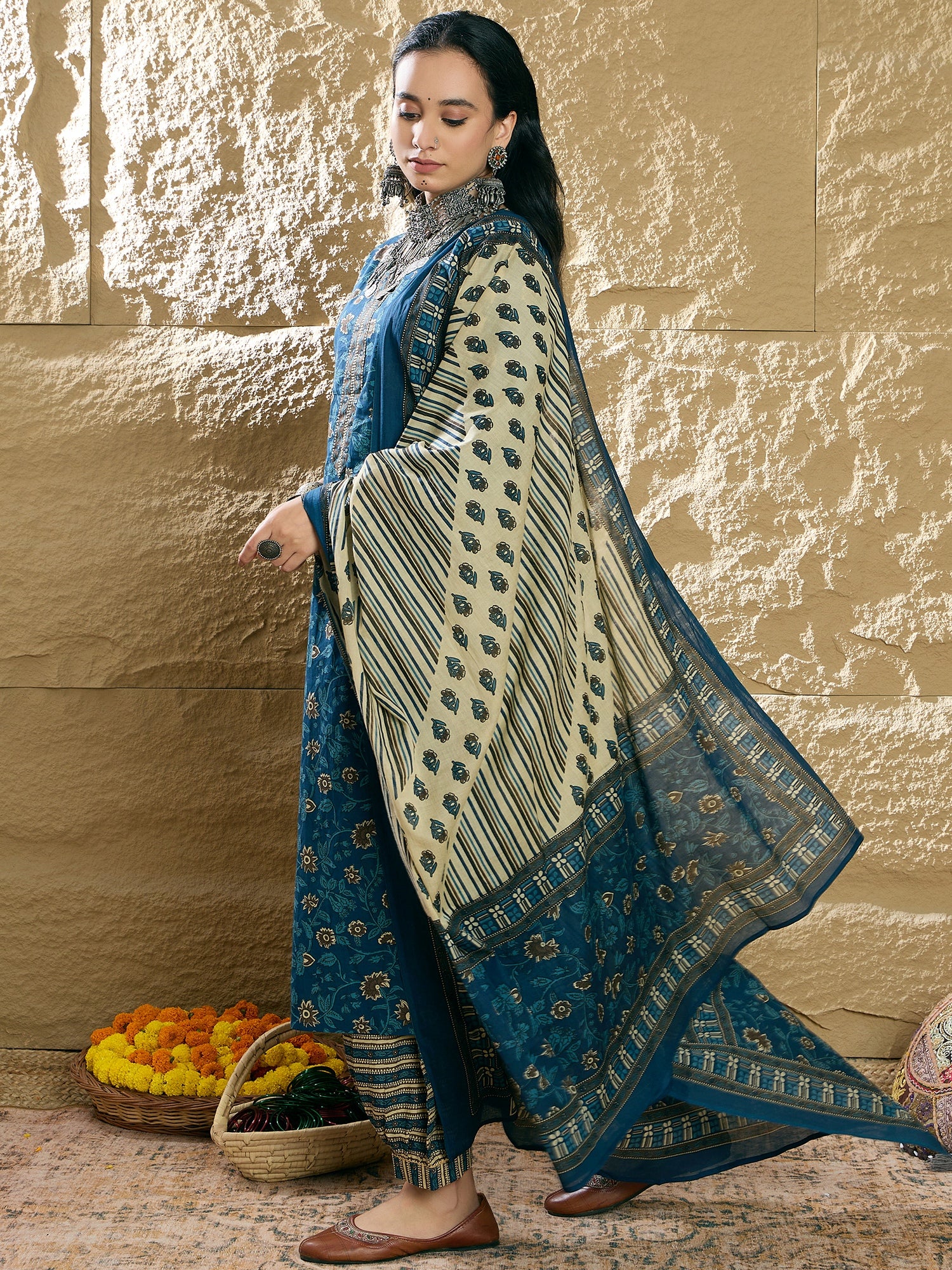 Teal Printed Straight Kurta Salwar With Dupatta set