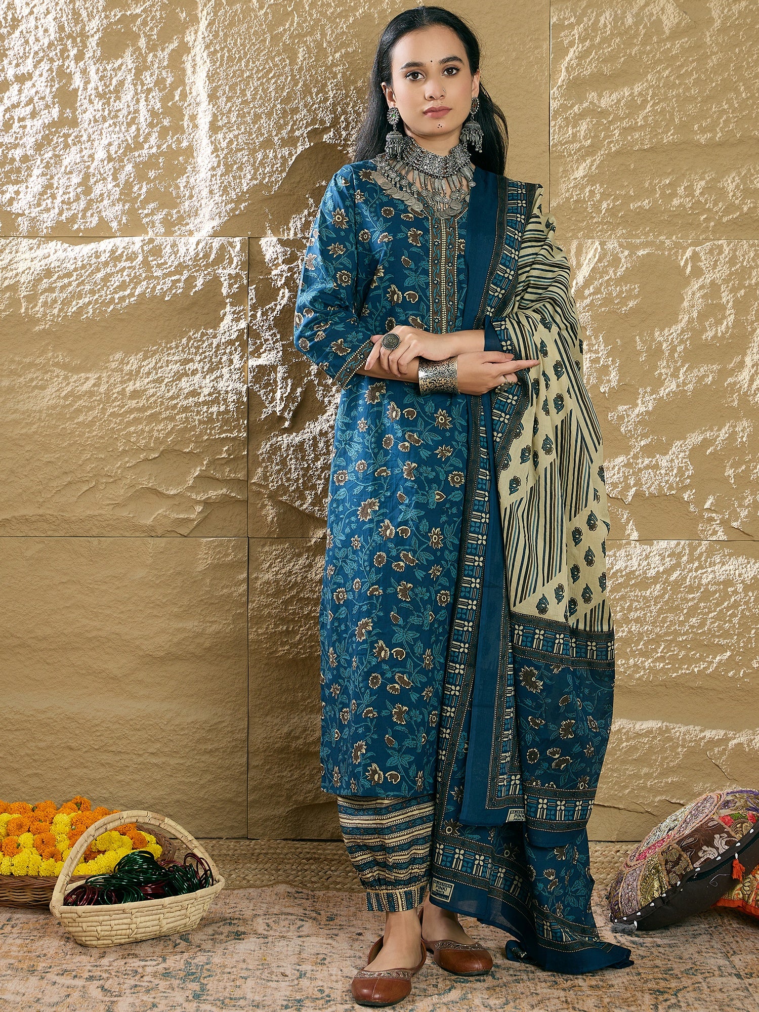 Teal Printed Straight Kurta Salwar With Dupatta set