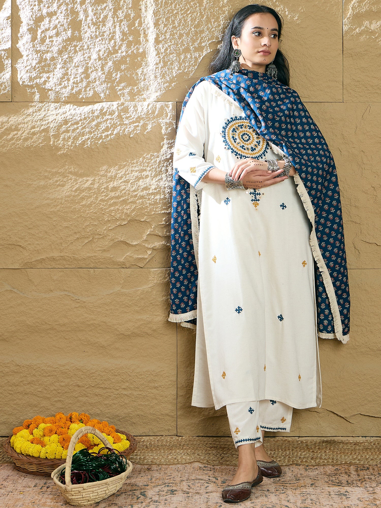 Cream Embroidered Straight Kurta Trousers With Dupatta Set