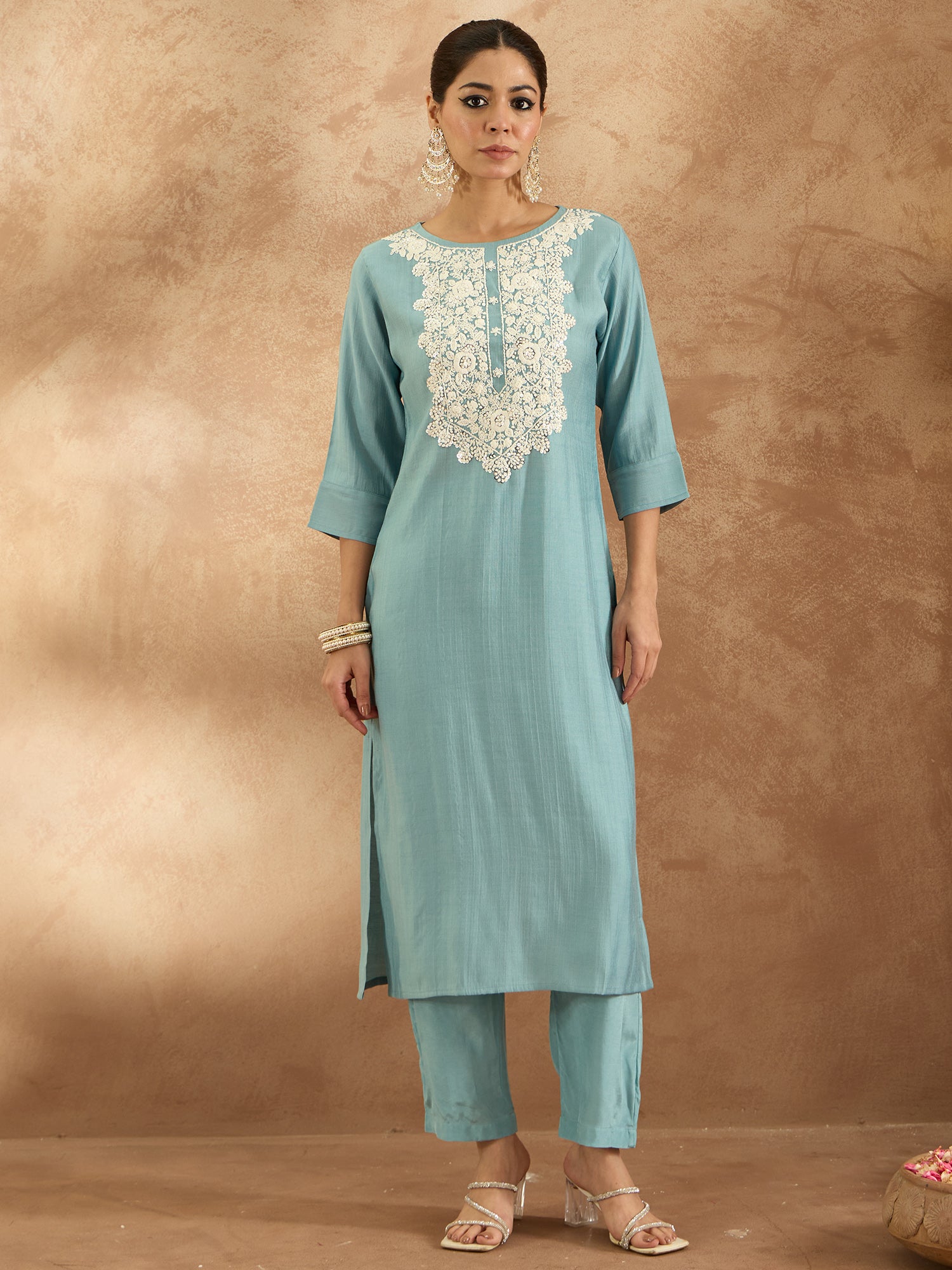 Blue Embroidered Straight Kurta Trousers  Set