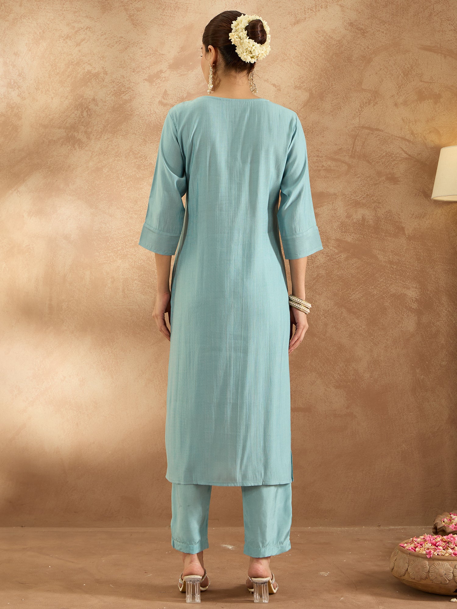 Blue Embroidered Straight Kurta Trousers  Set