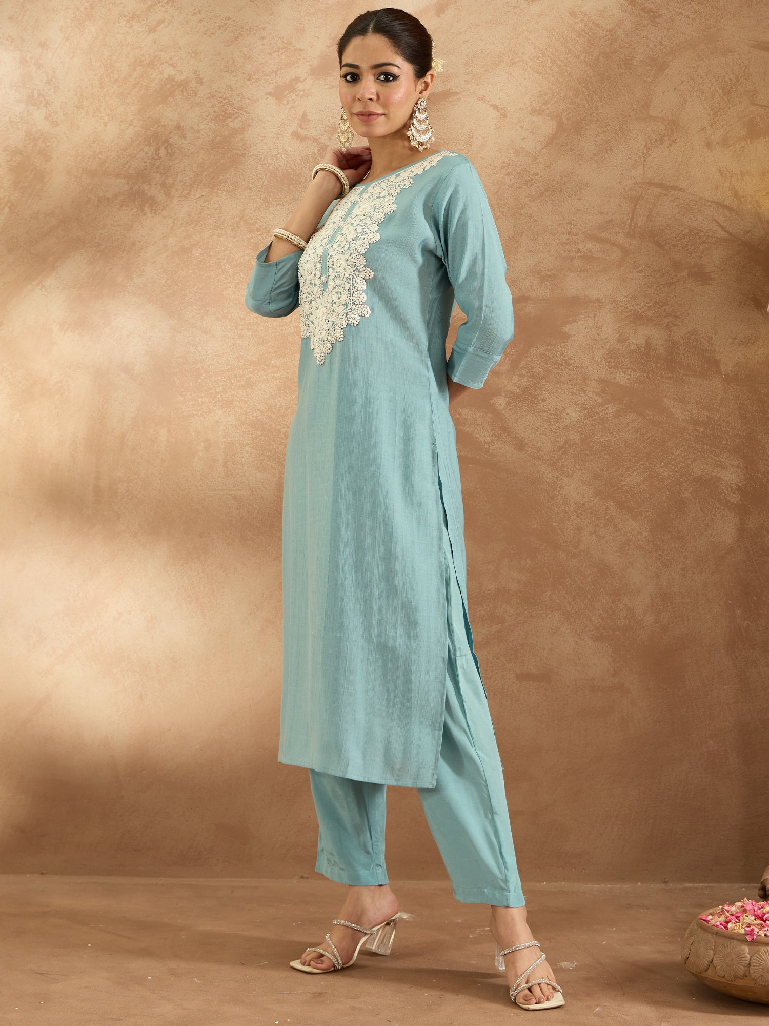 Blue Embroidered Straight Kurta Trousers  Set