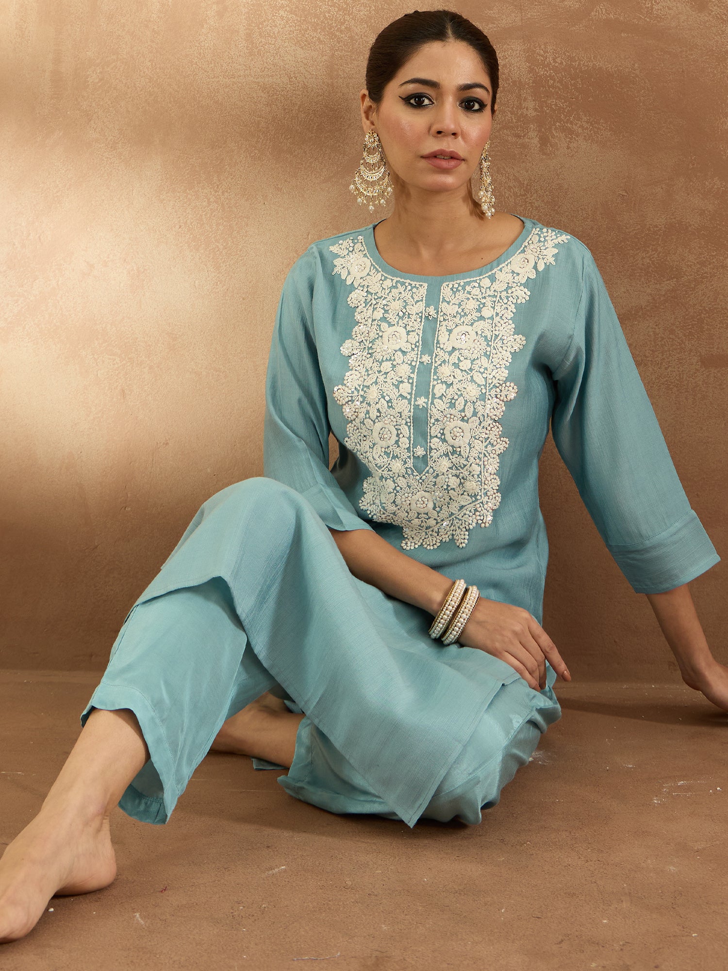 Blue Embroidered Straight Kurta Trousers  Set