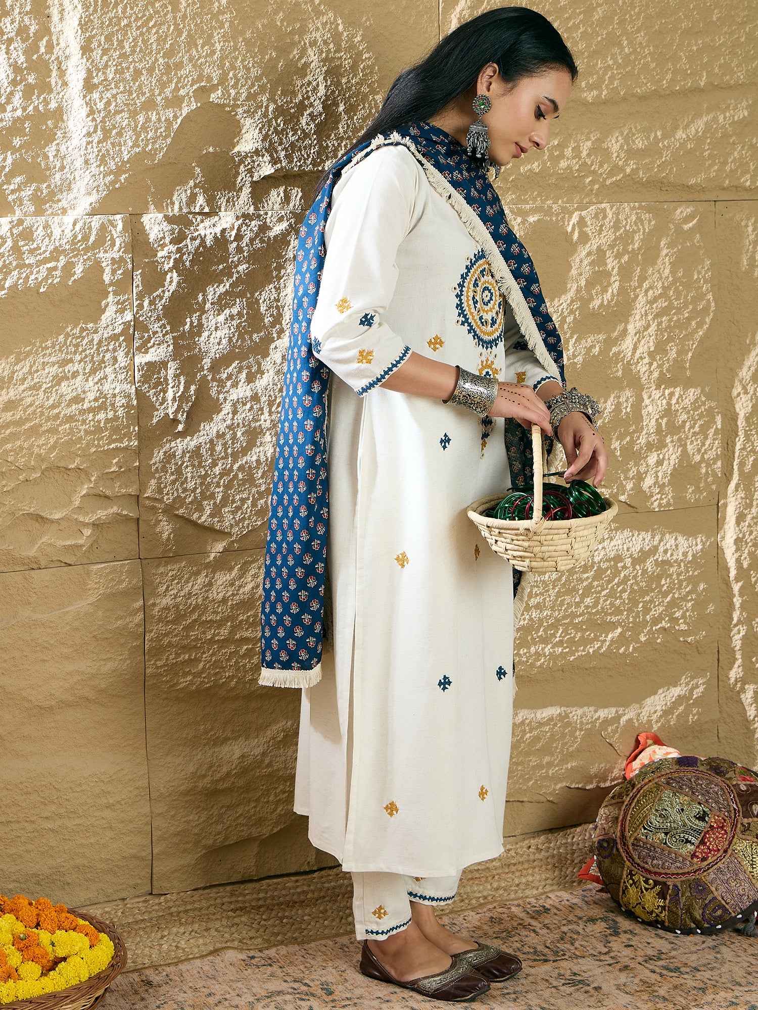 Cream Embroidered Straight Kurta Trousers With Dupatta Set