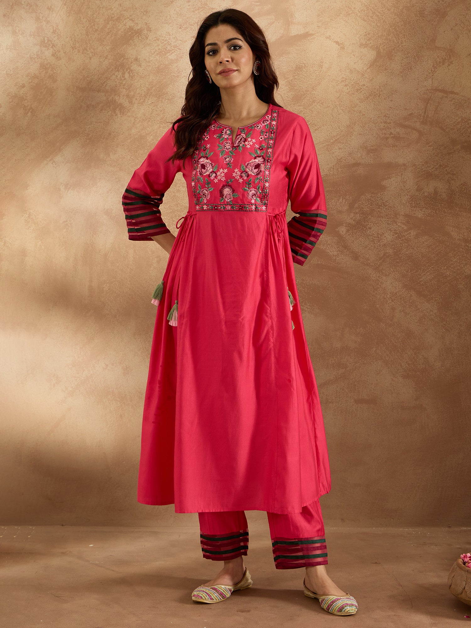 Pink Embroidered A-Line Kurta Trousers Set