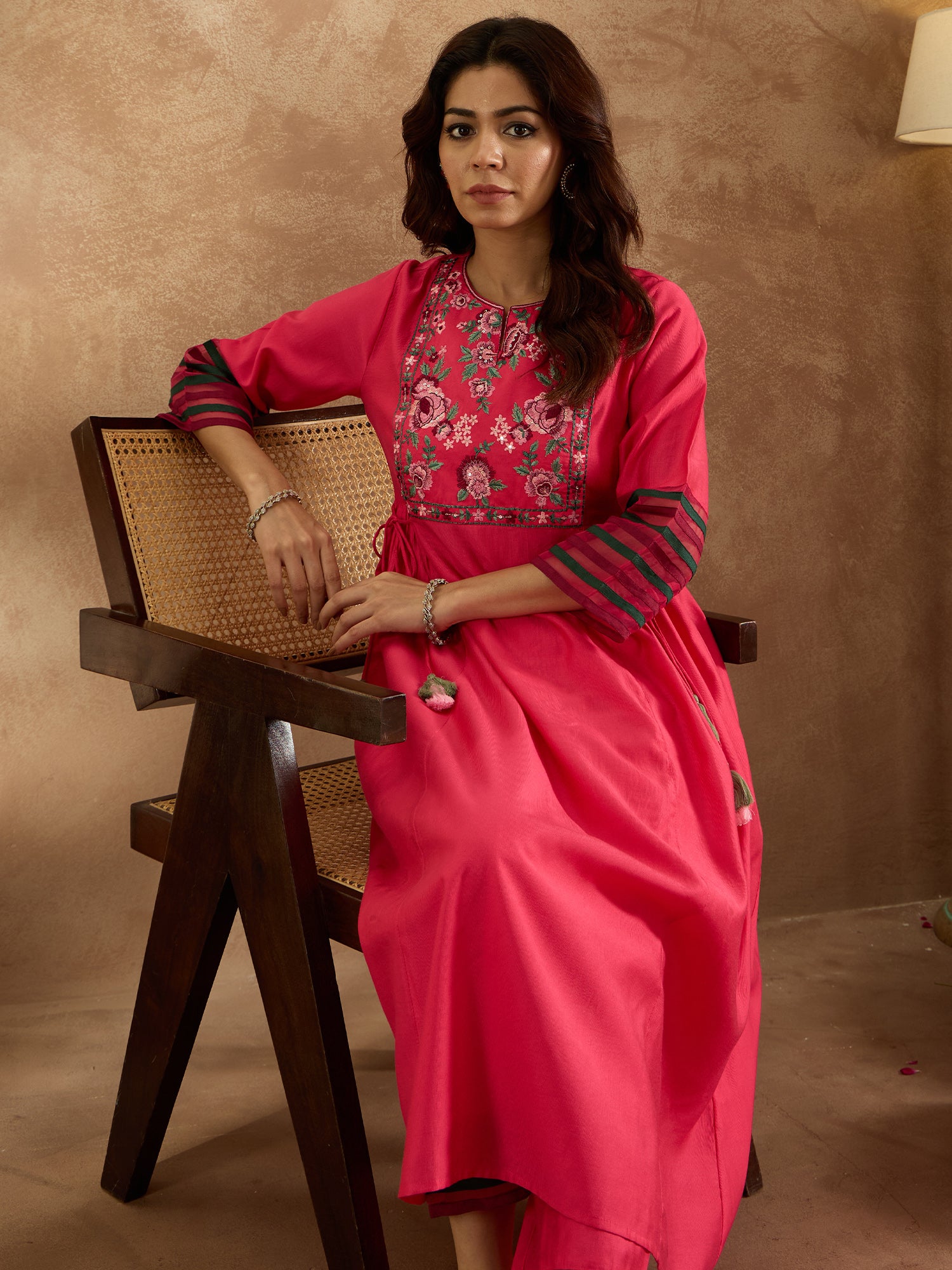 Pink Embroidered A-Line Kurta Trousers Set