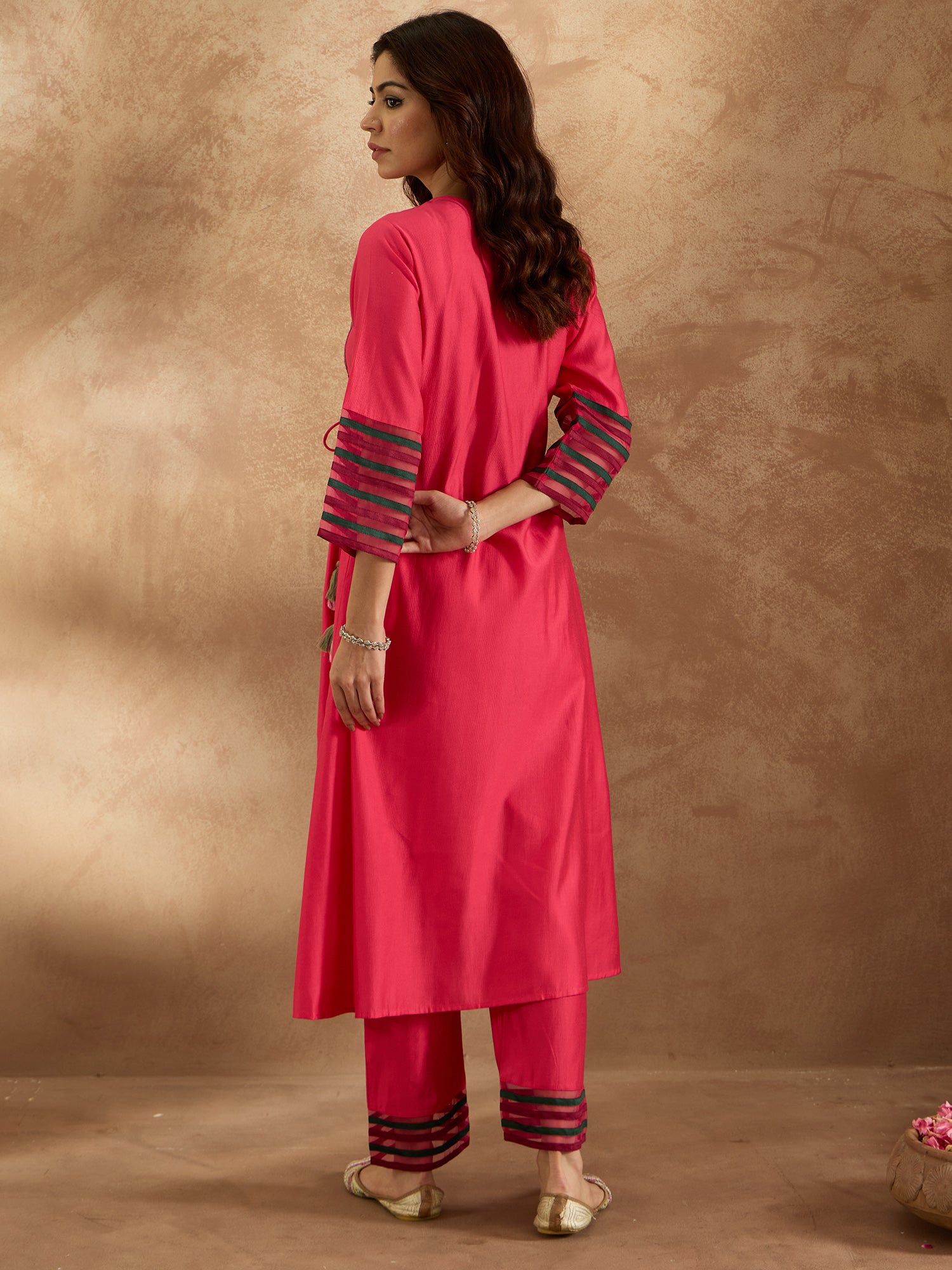 Pink Embroidered A-Line Kurta Trousers Set