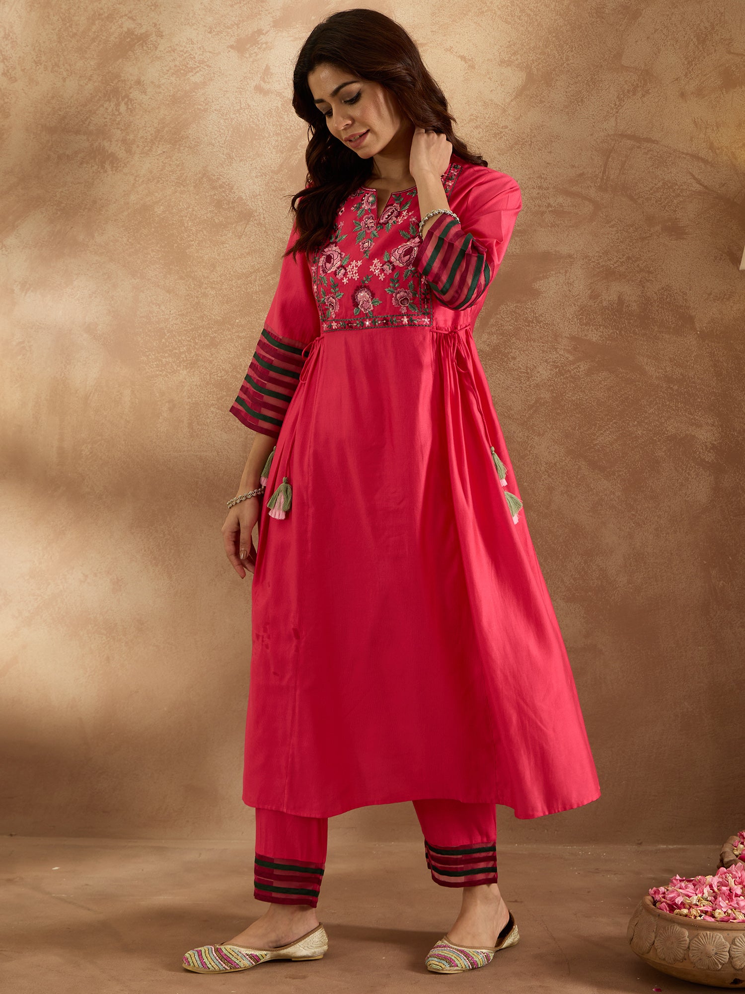 Pink Embroidered A-Line Kurta Trousers Set