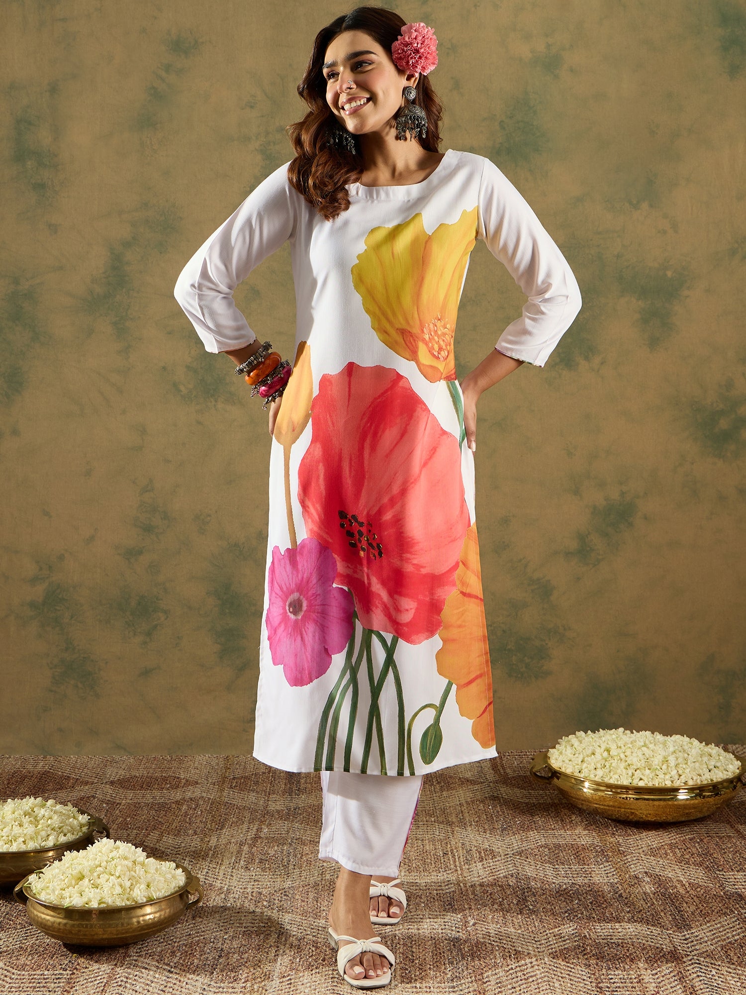 White Printed Straight Kurta Trousers  set