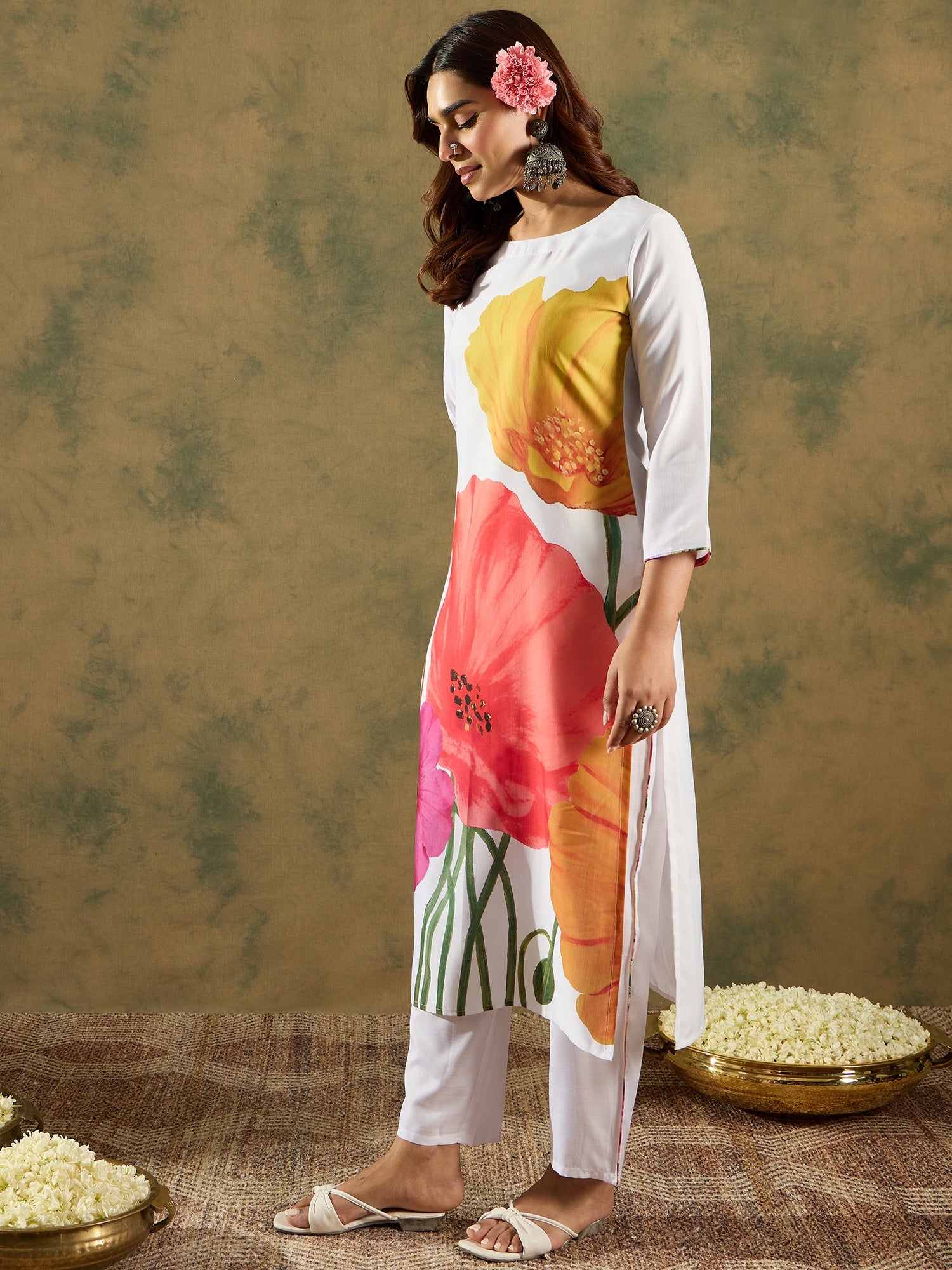 White Printed Straight Kurta Trousers  set