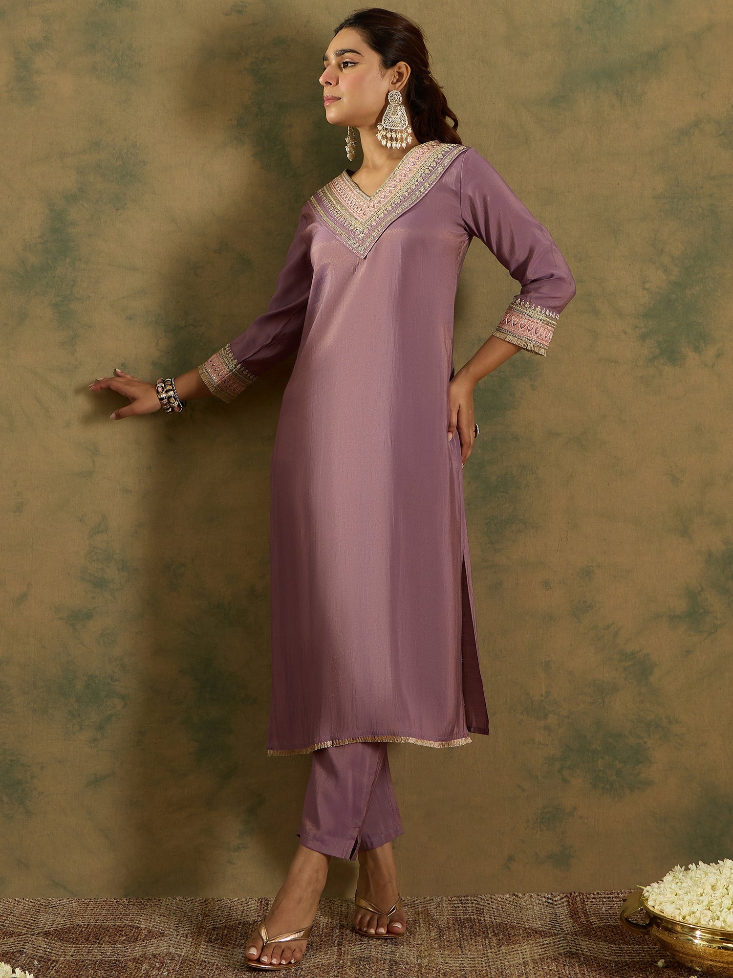 Lavender Embroidered Straight Kurta Trousers set