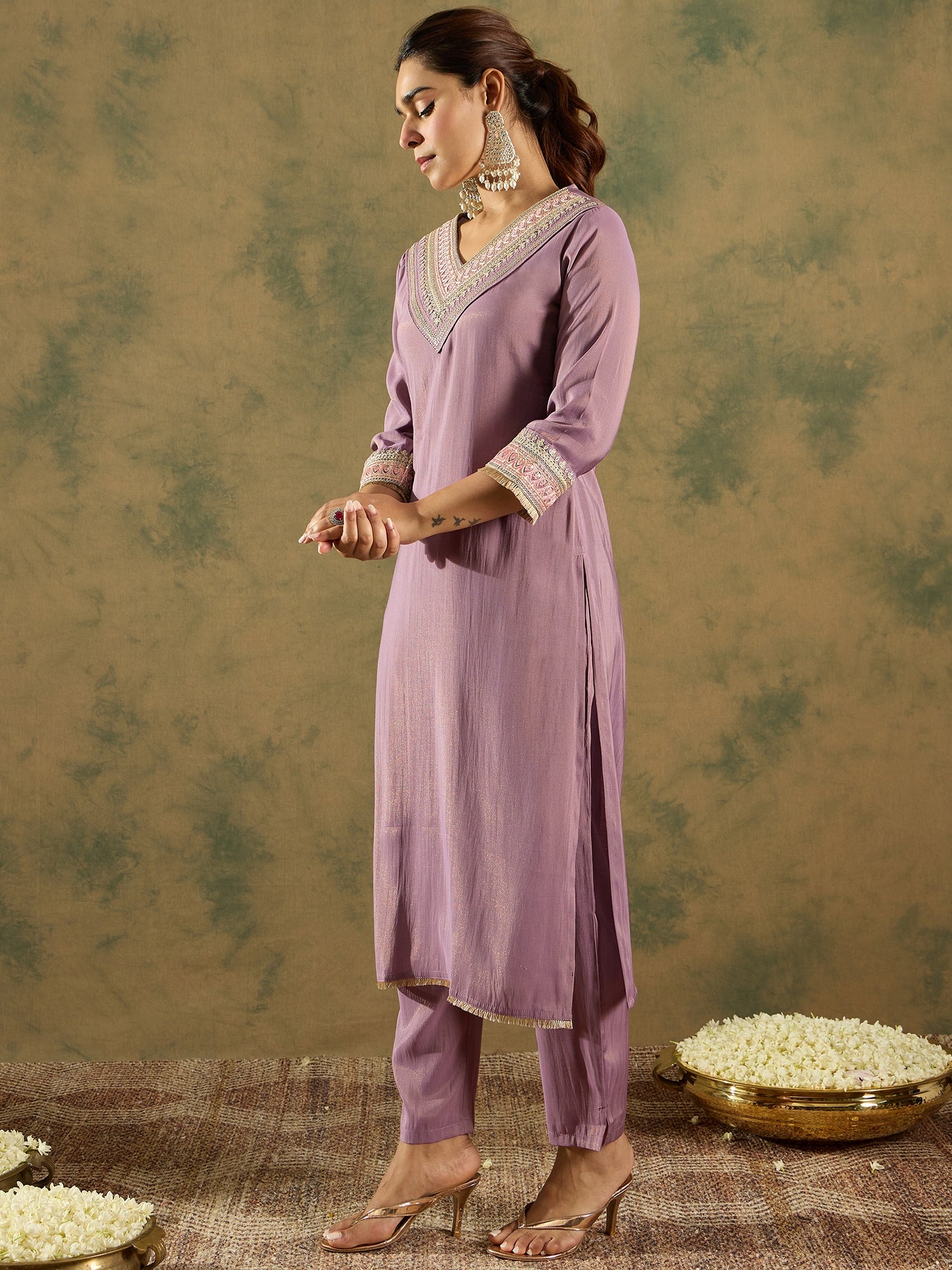 Lavender Embroidered Straight Kurta Trousers set