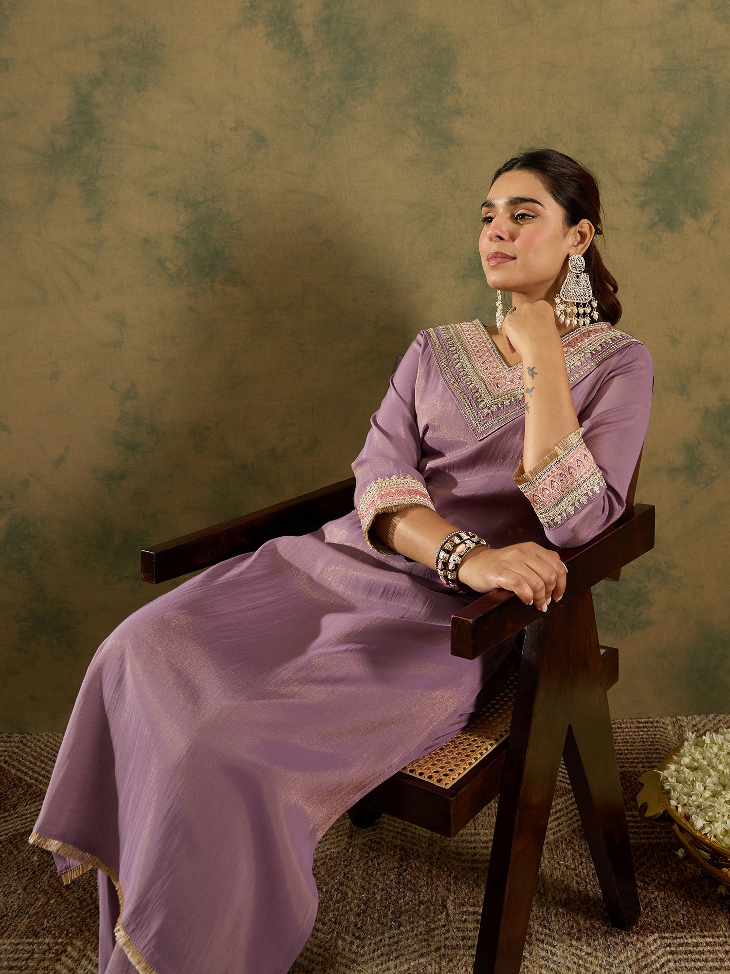 Lavender Embroidered Straight Kurta Trousers set