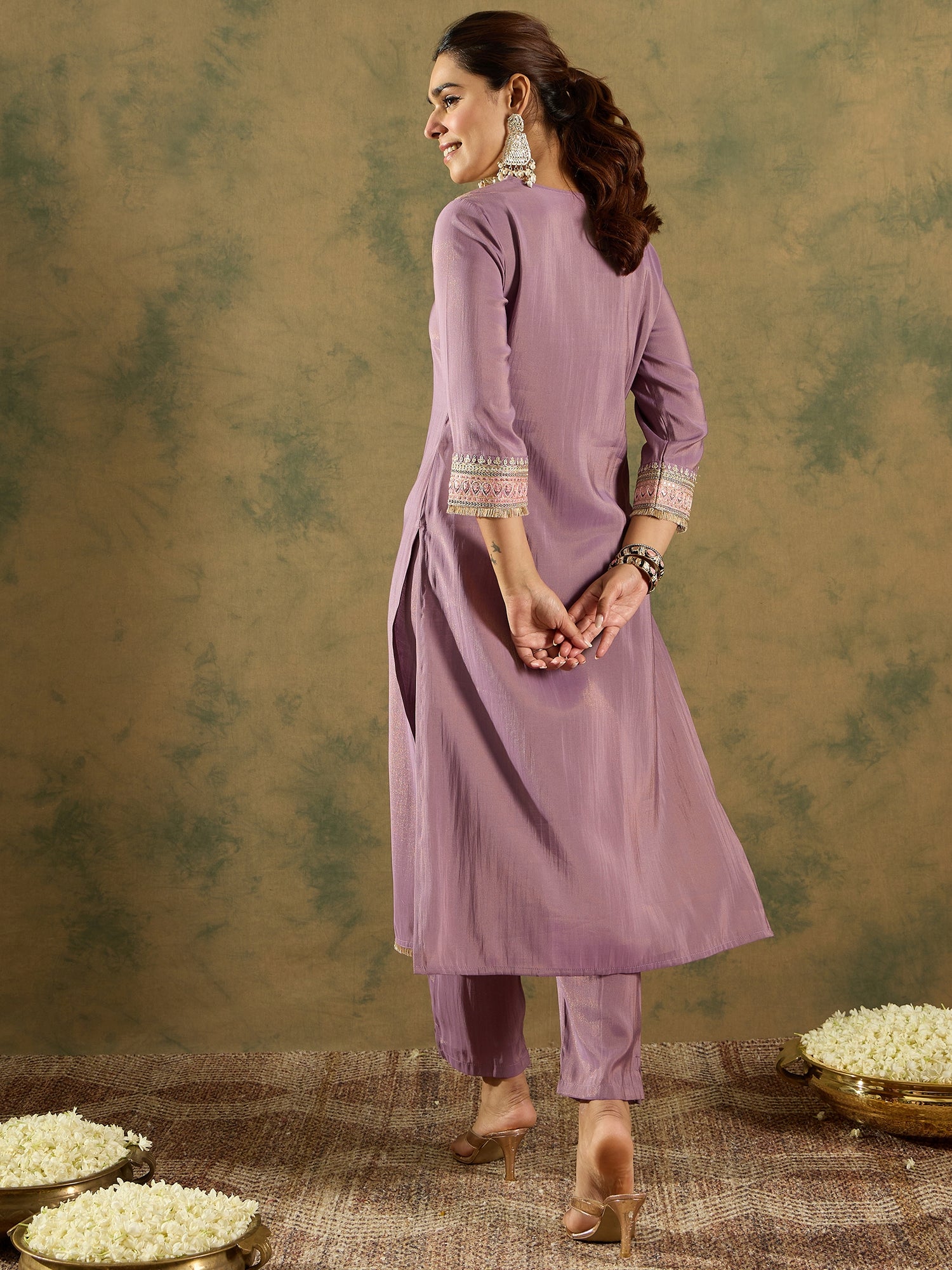 Lavender Embroidered Straight Kurta Trousers set