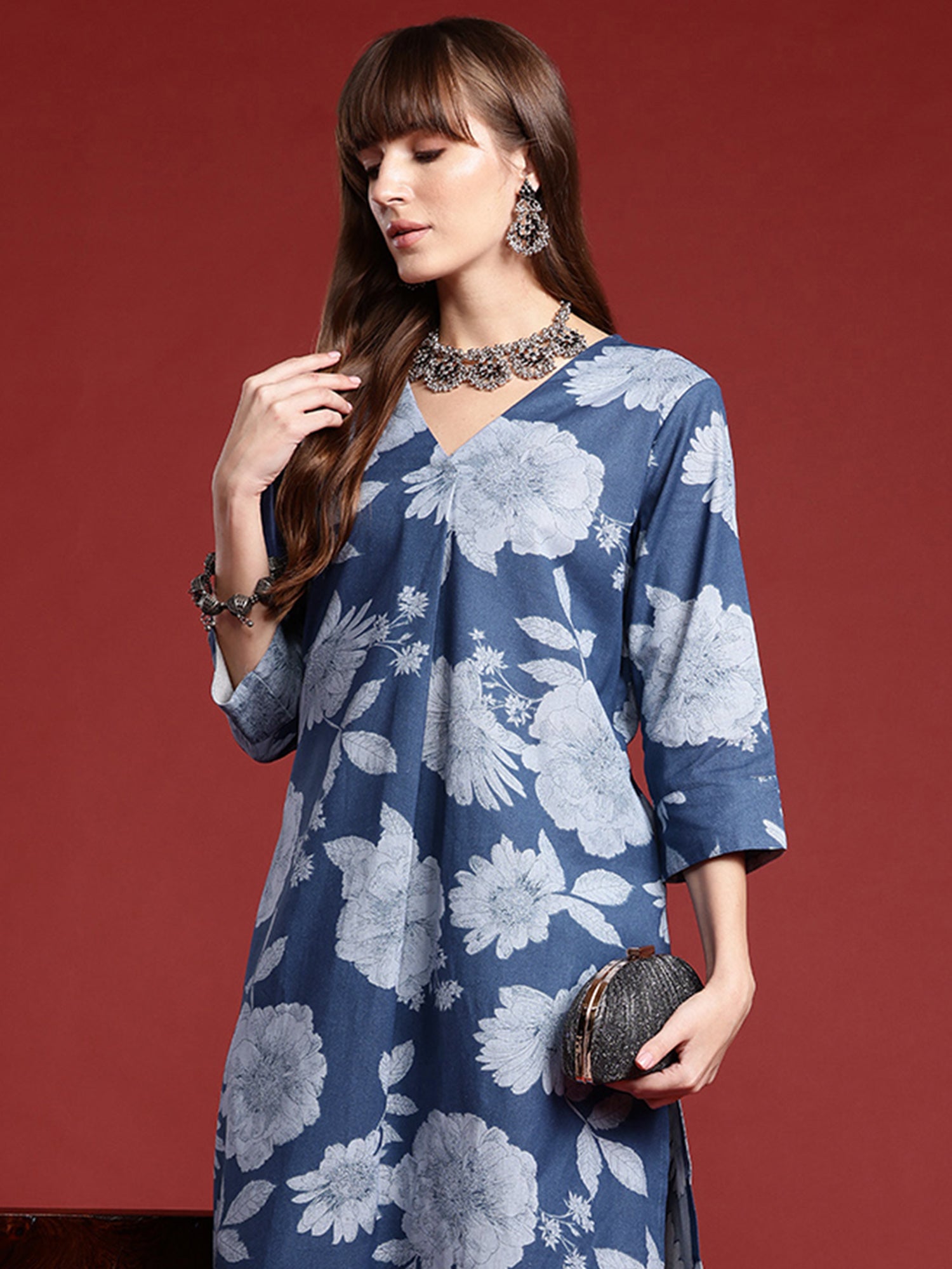 Blue Printed A-Line Kurta Trousers set