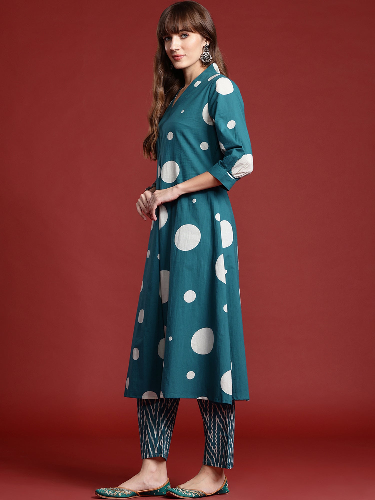 Teal Printed A-Line Kurta Trousers set