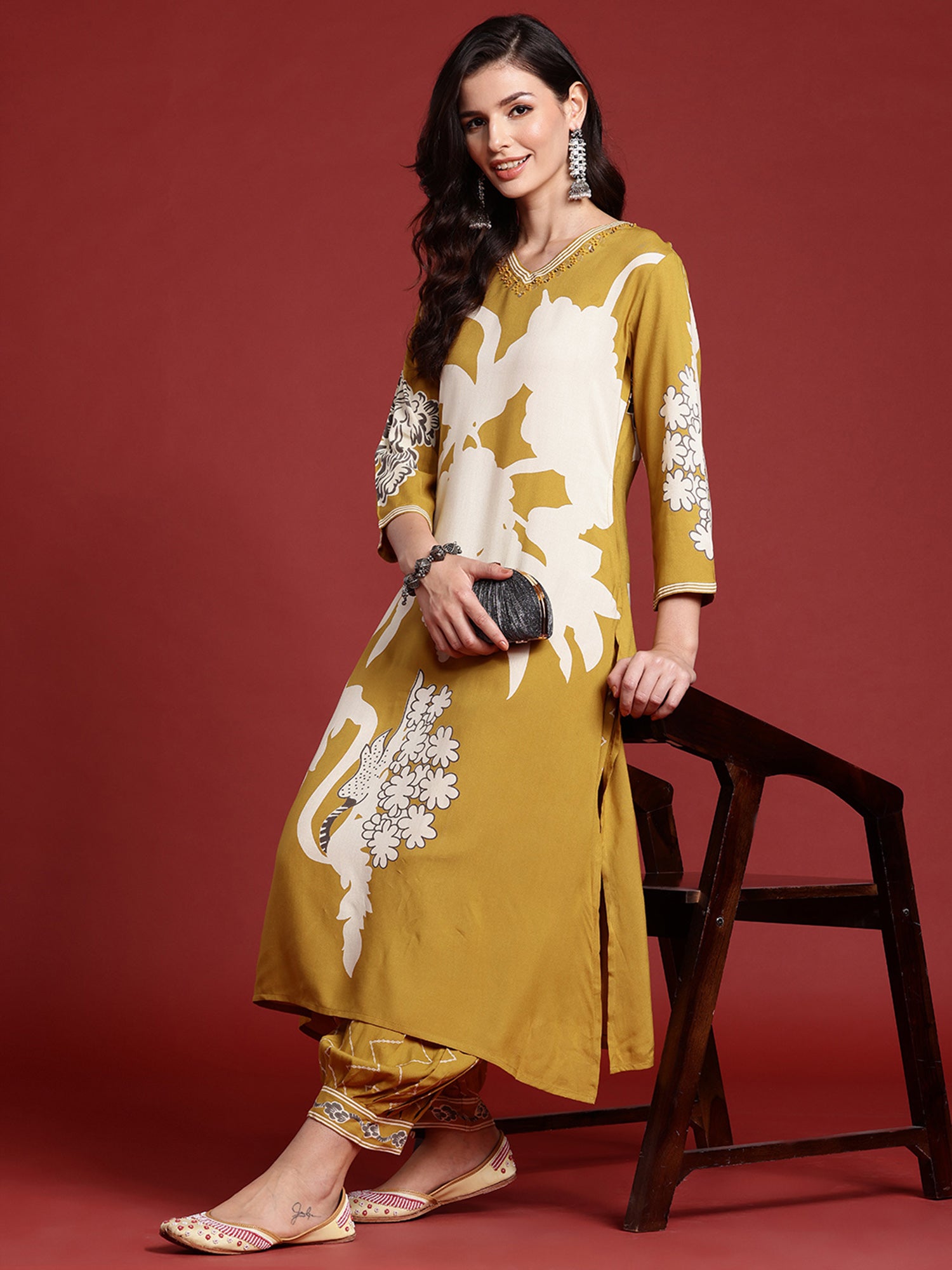 Mustard Printed A-Line Kurta Salwar set