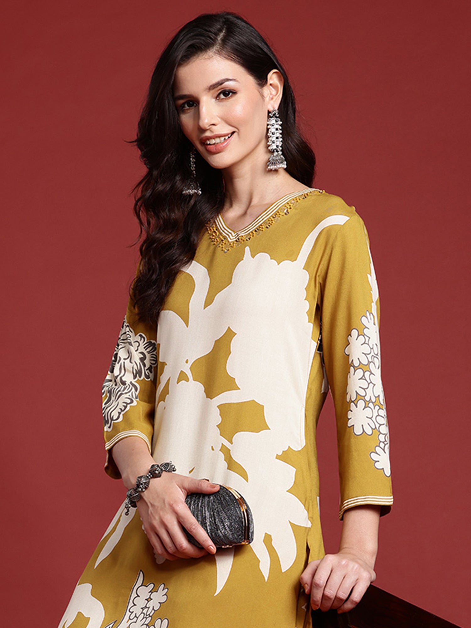 Mustard Printed A-Line Kurta Salwar set