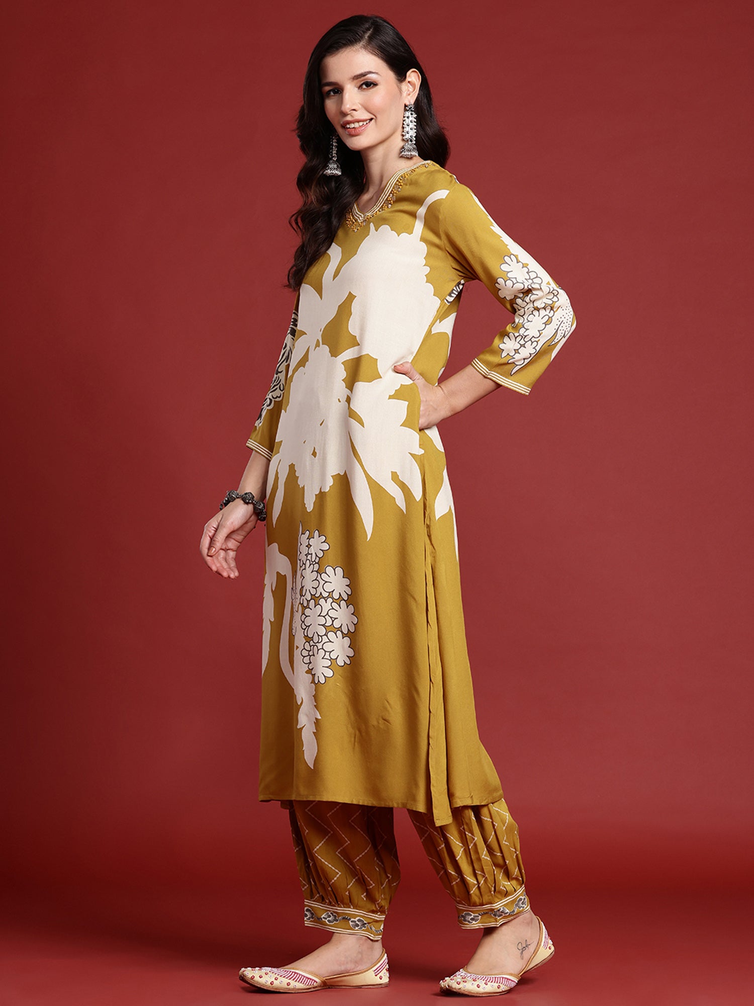 Mustard Printed A-Line Kurta Salwar set