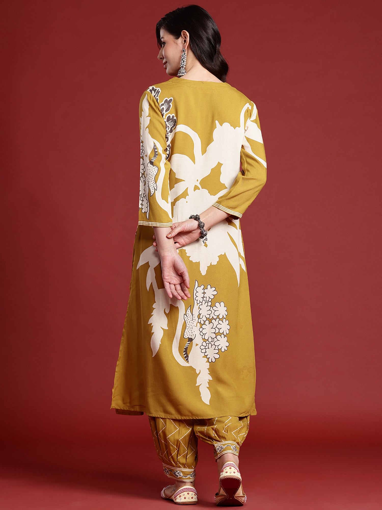 Mustard Printed A-Line Kurta Salwar set