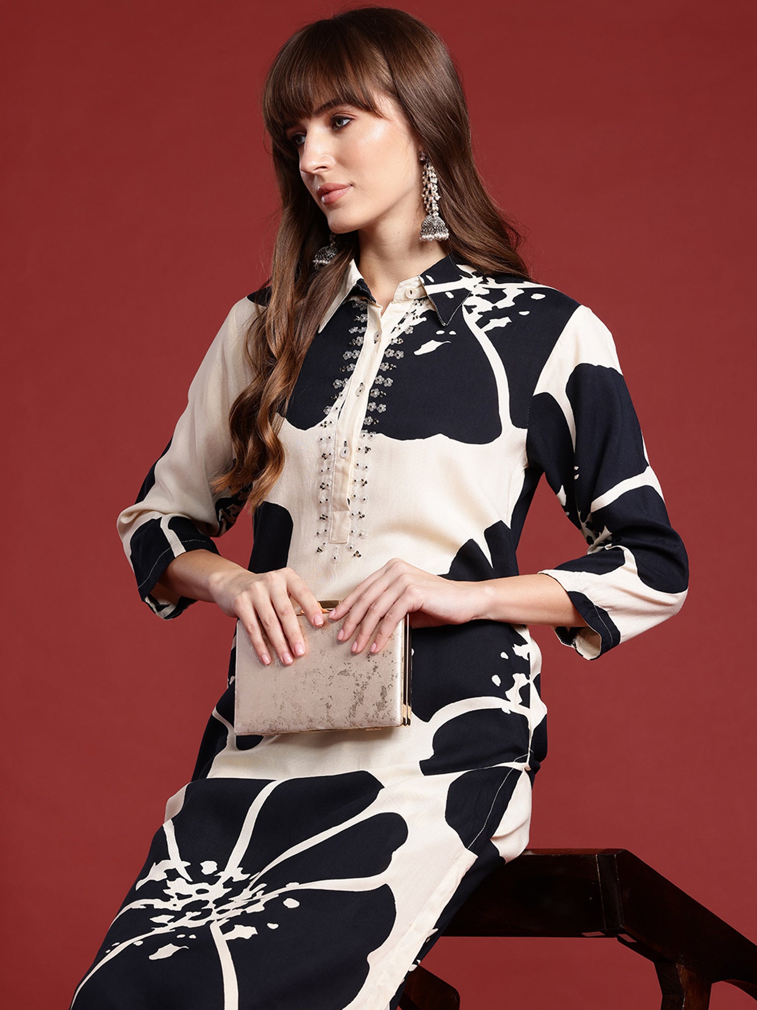 Off White Printed Straight Kurta Palazzos Set