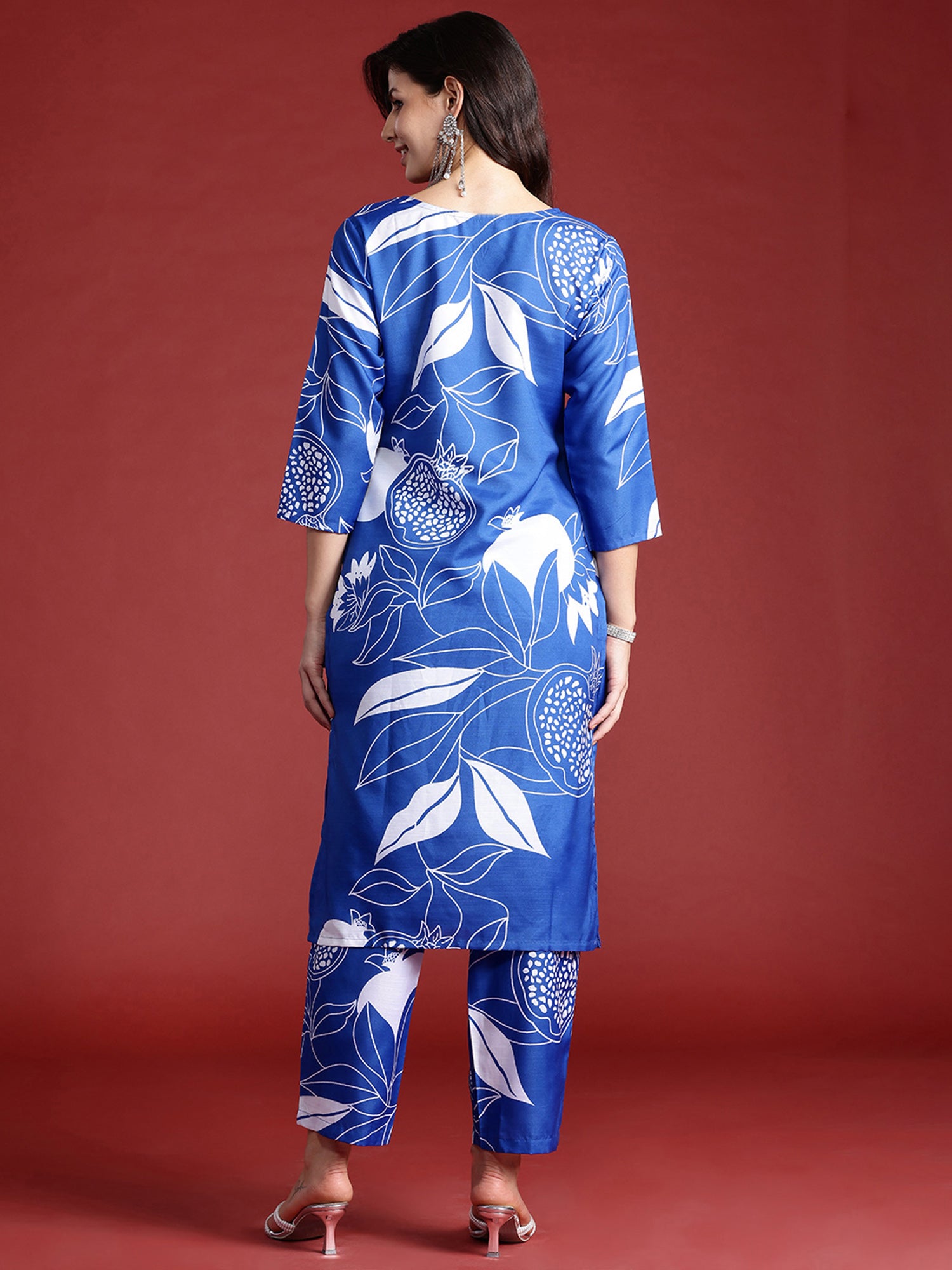 Blue Printed Straight Kurta Trousers Set