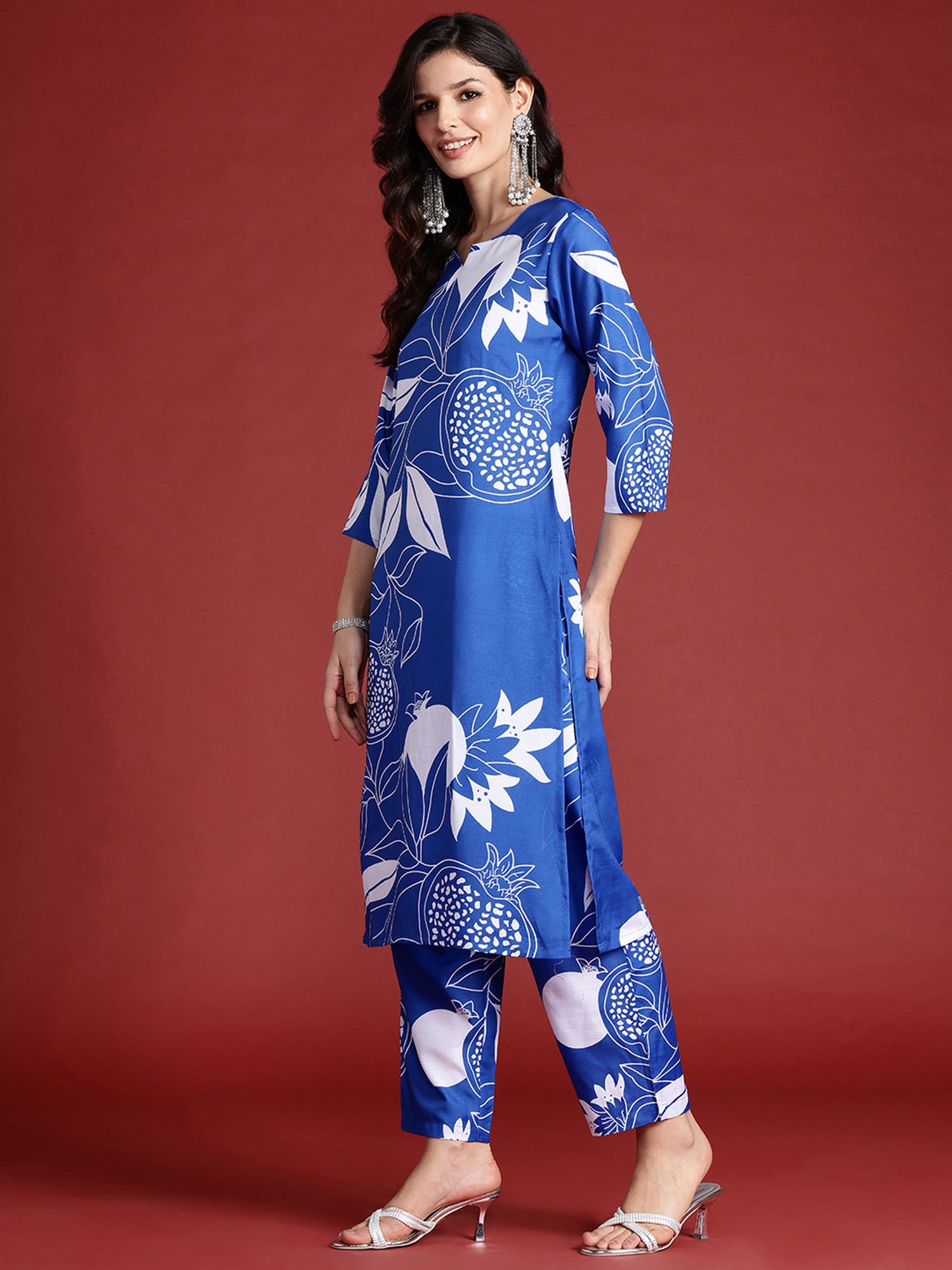 Blue Printed Straight Kurta Trousers Set