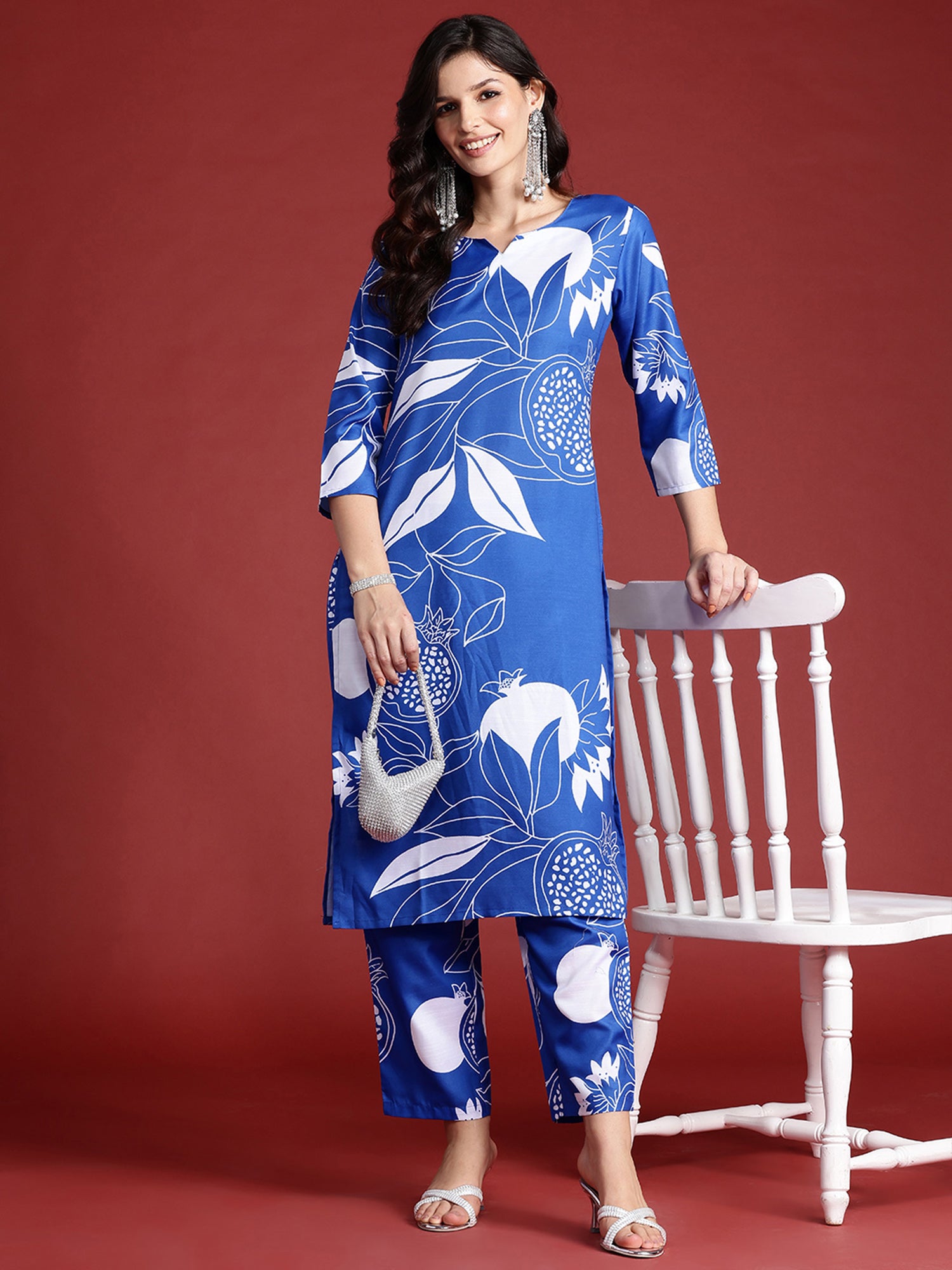 Blue Printed Straight Kurta Trousers Set