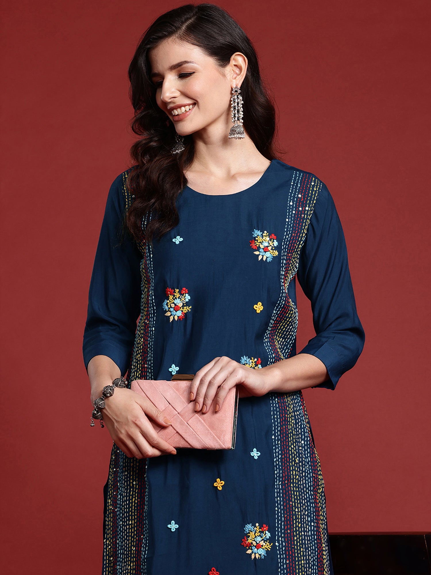 Blue Embroidered Straight Kurta Trousers set