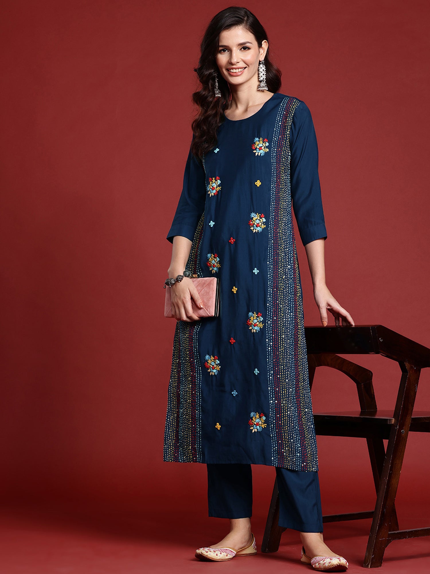 Blue Embroidered Straight Kurta Trousers set