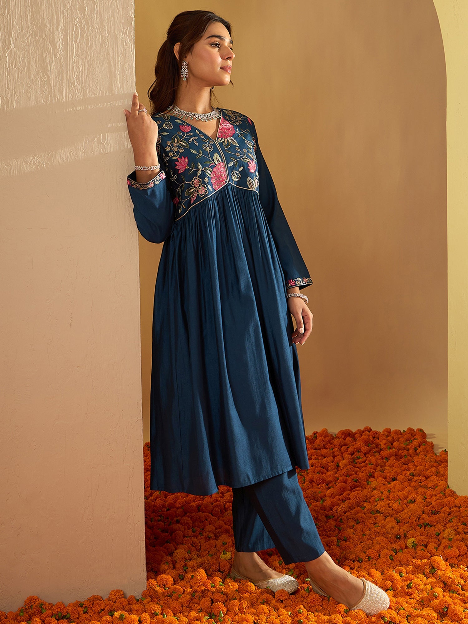 Teal Embroidered A-Line Kurta Trousers Set