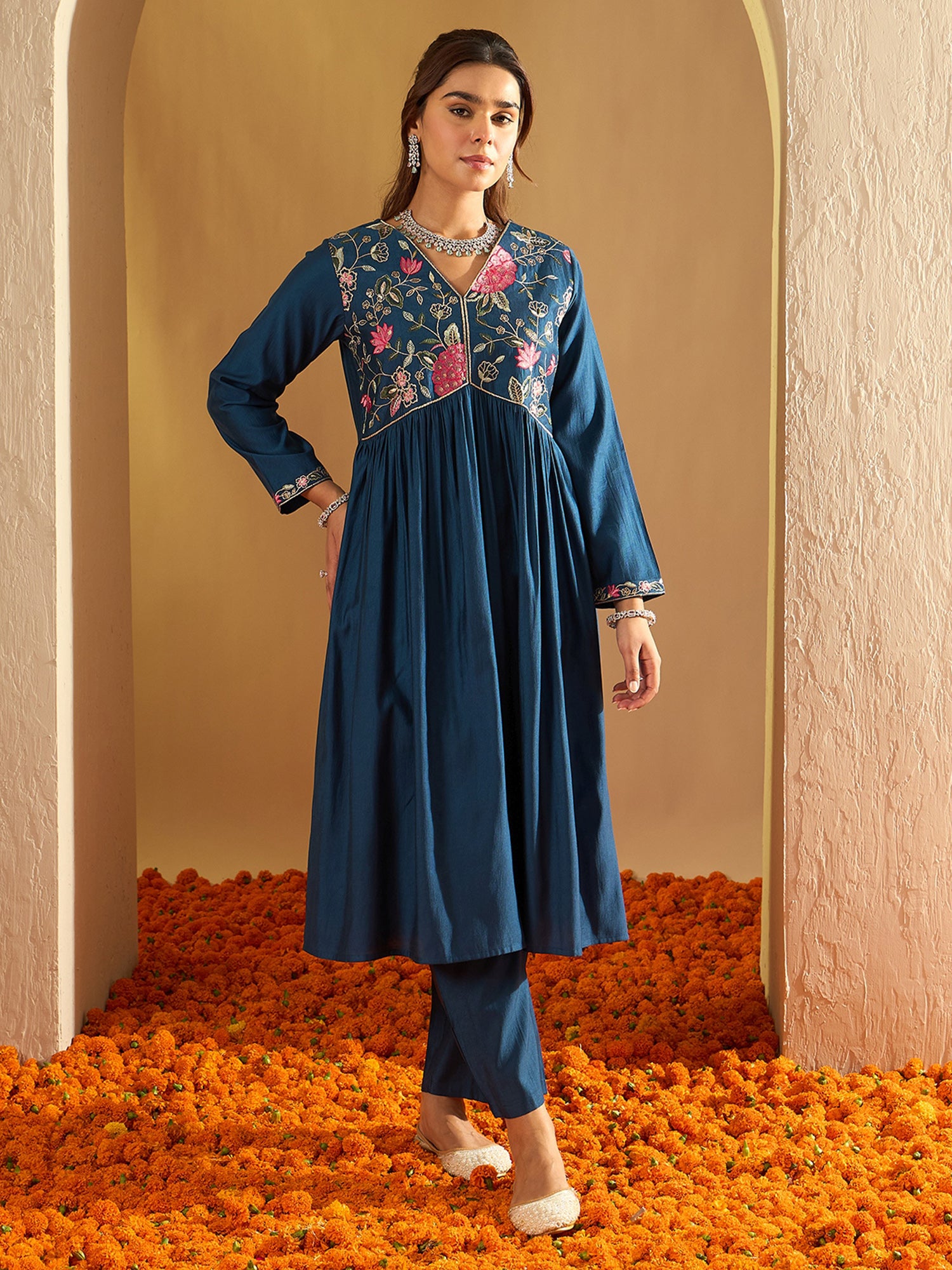 Teal Embroidered A-Line Kurta Trousers Set