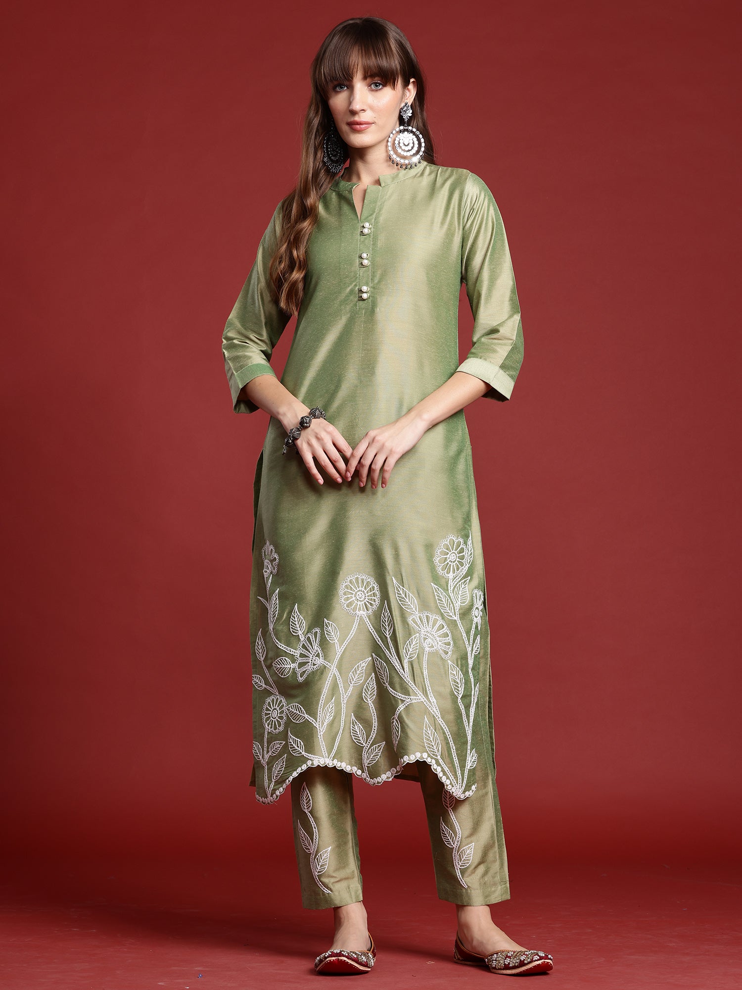 Green Embroidered Straight Kurta Trousers set