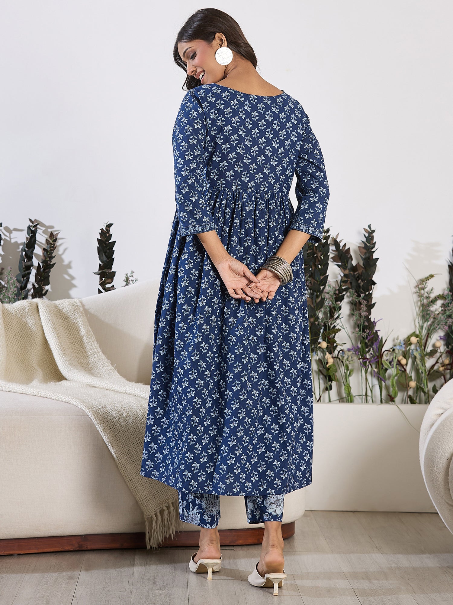 Blue Printed A-Line Kurta Trousers set