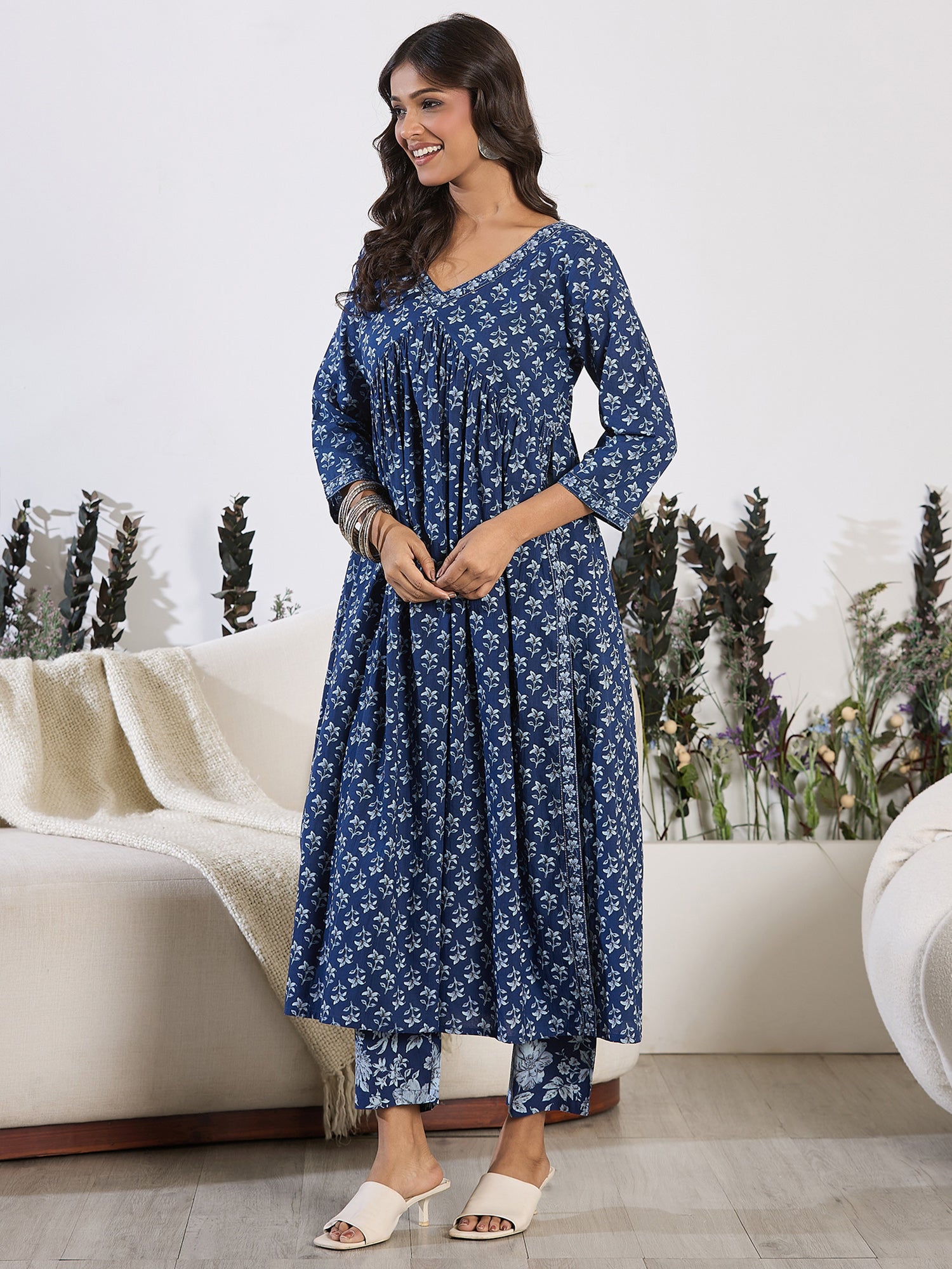 Blue Printed A-Line Kurta Trousers set