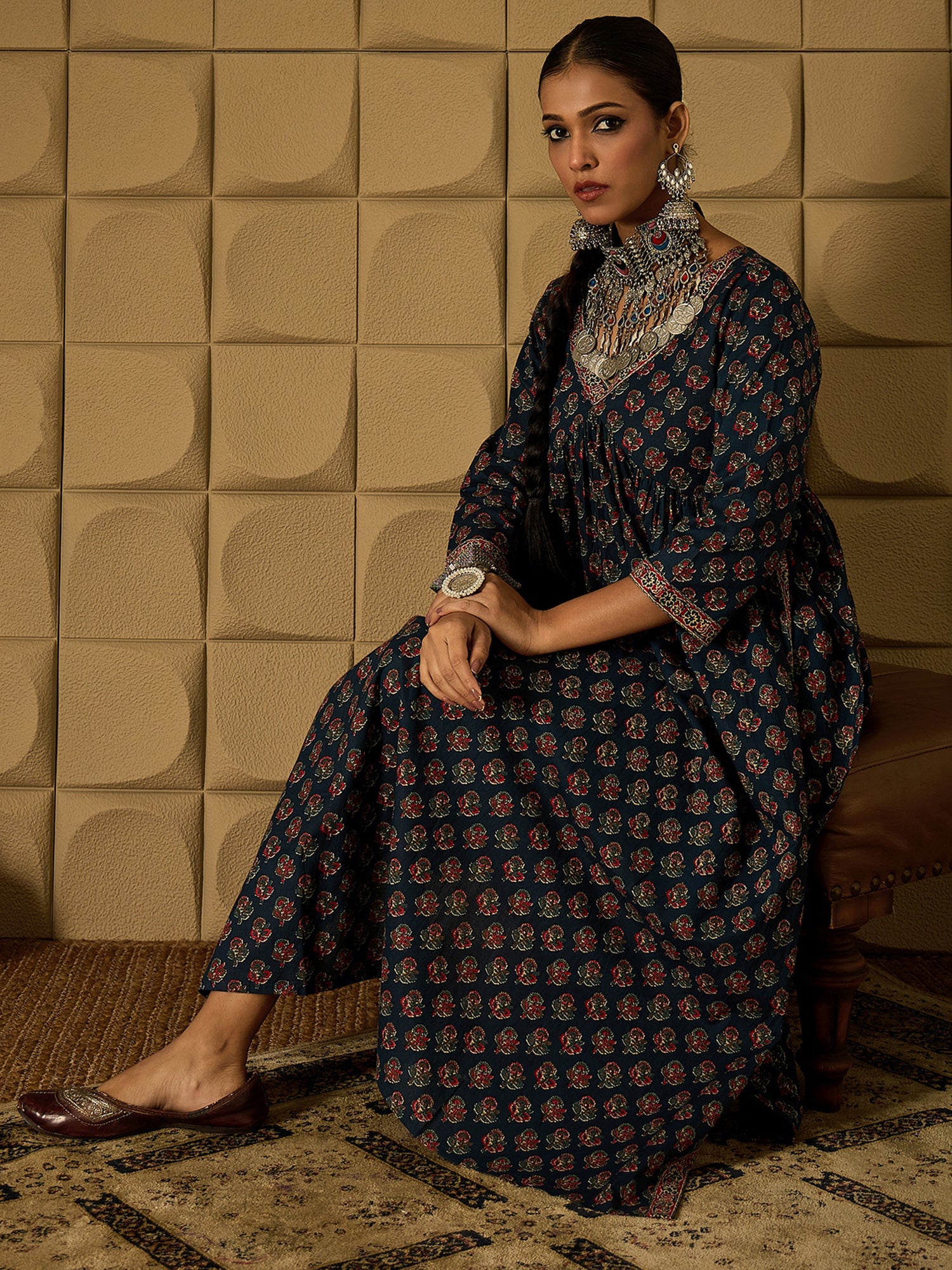 Teal Printed A-Line Kurta Trousers set