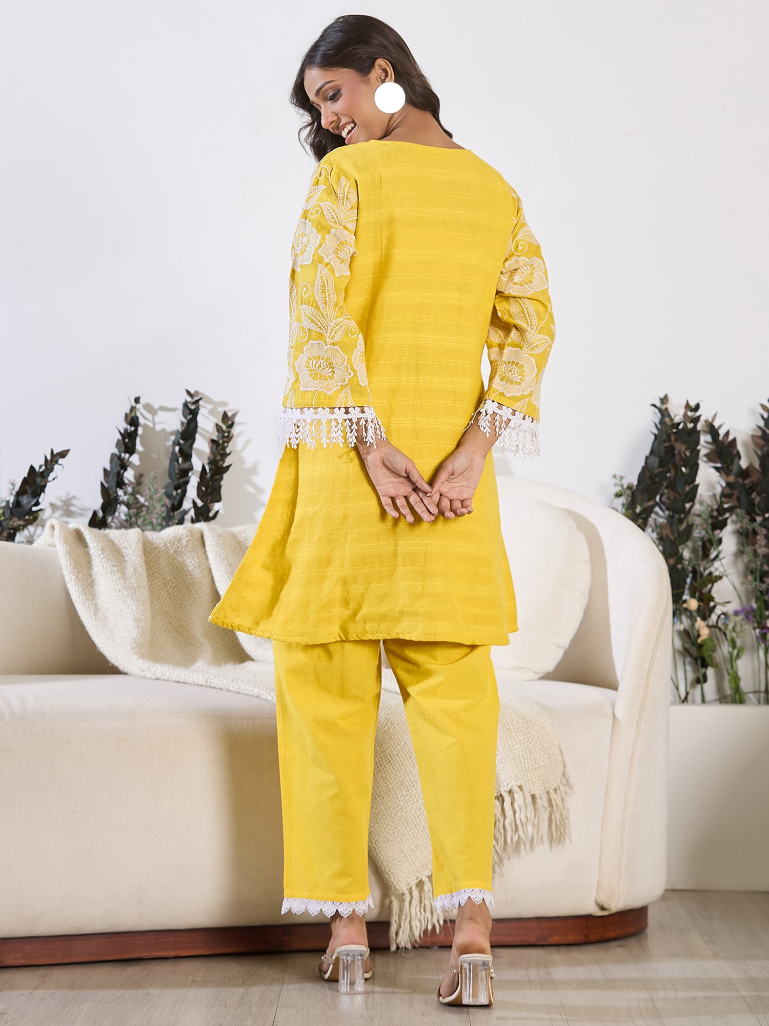 Mustard Embroidered A-Line Kurta Trousers set