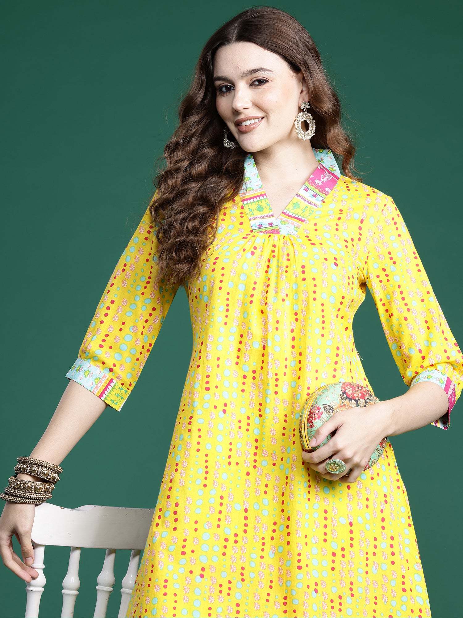 Yellow Printed A-Line Kurta Trousers  set