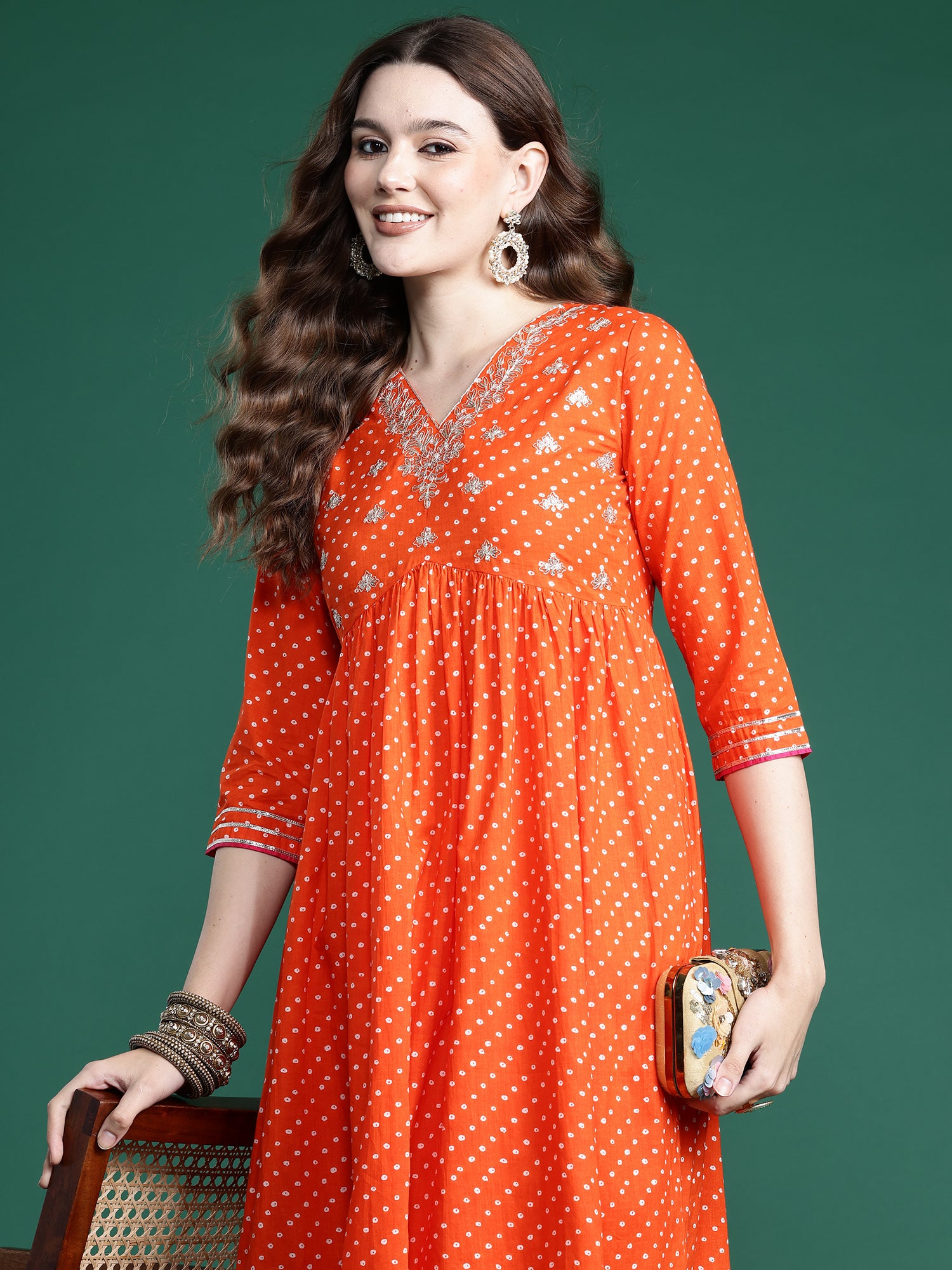 Orange Embroidered A-Line Kurta Trousers set