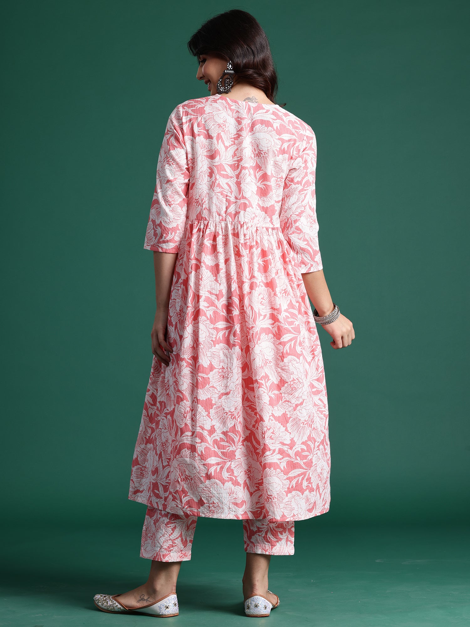 Peach Printed A-Line Kurta Trousers set