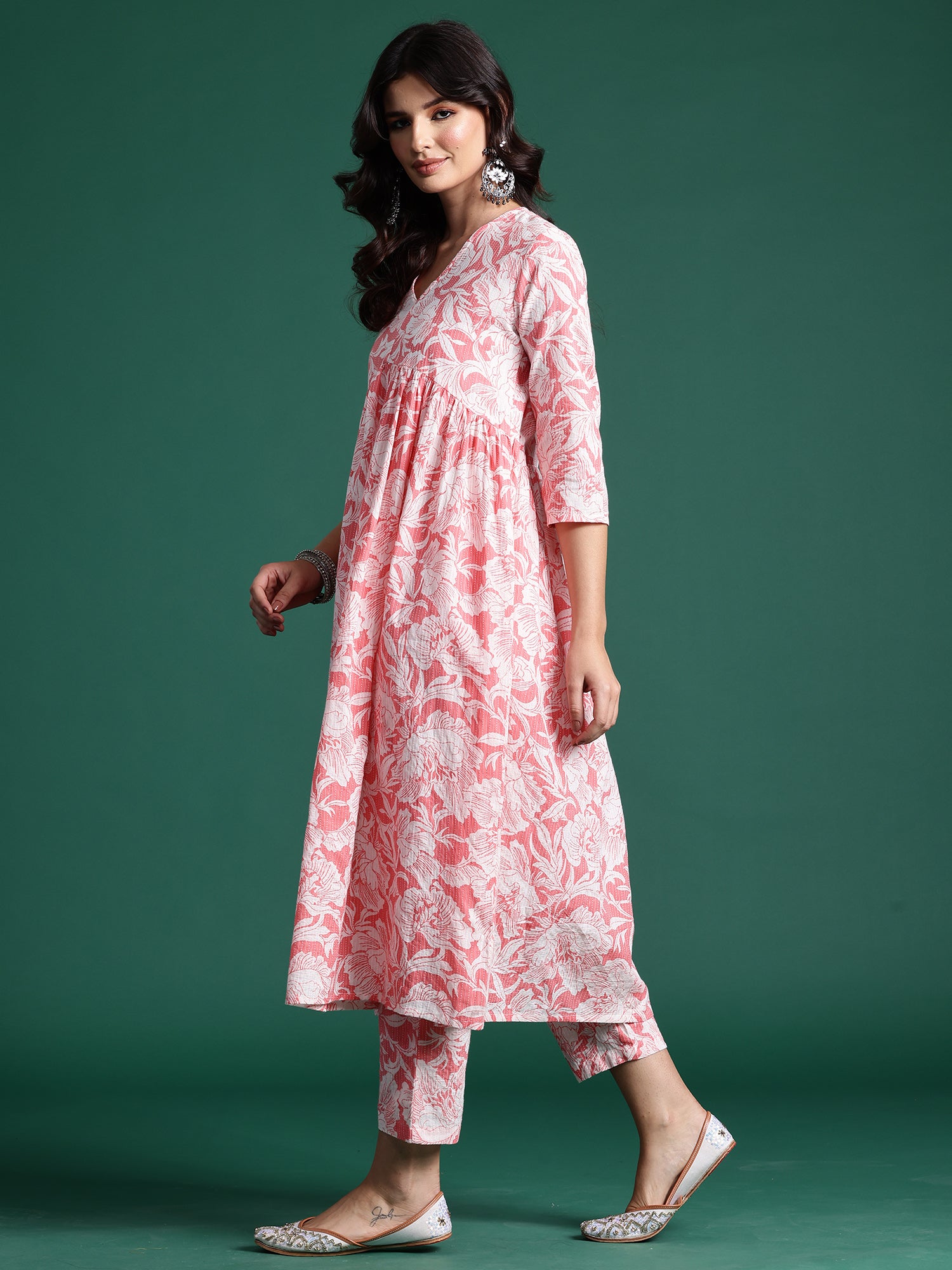 Peach Printed A-Line Kurta Trousers set