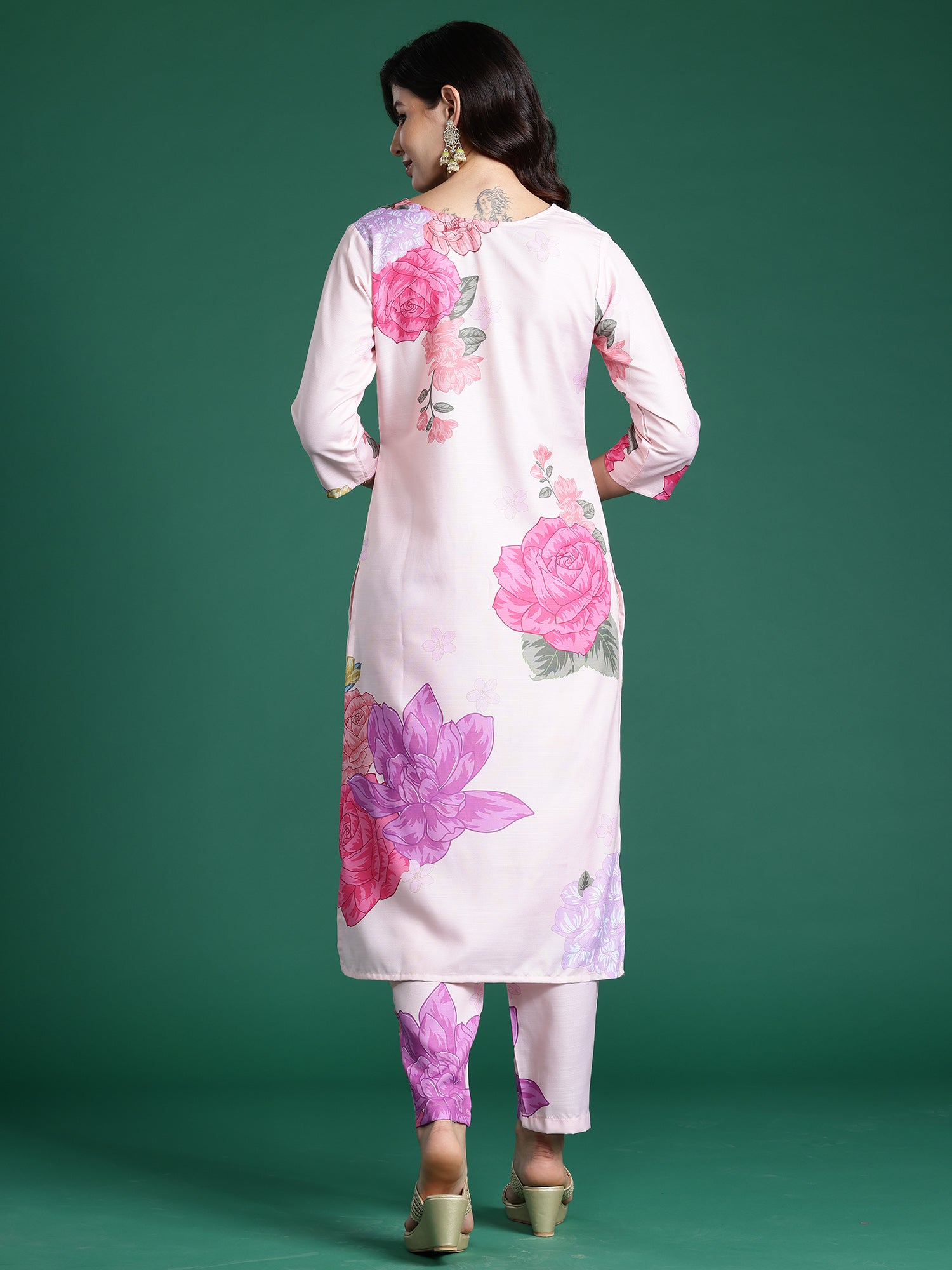 Peach Printed Straight Kurta Trousers  Set