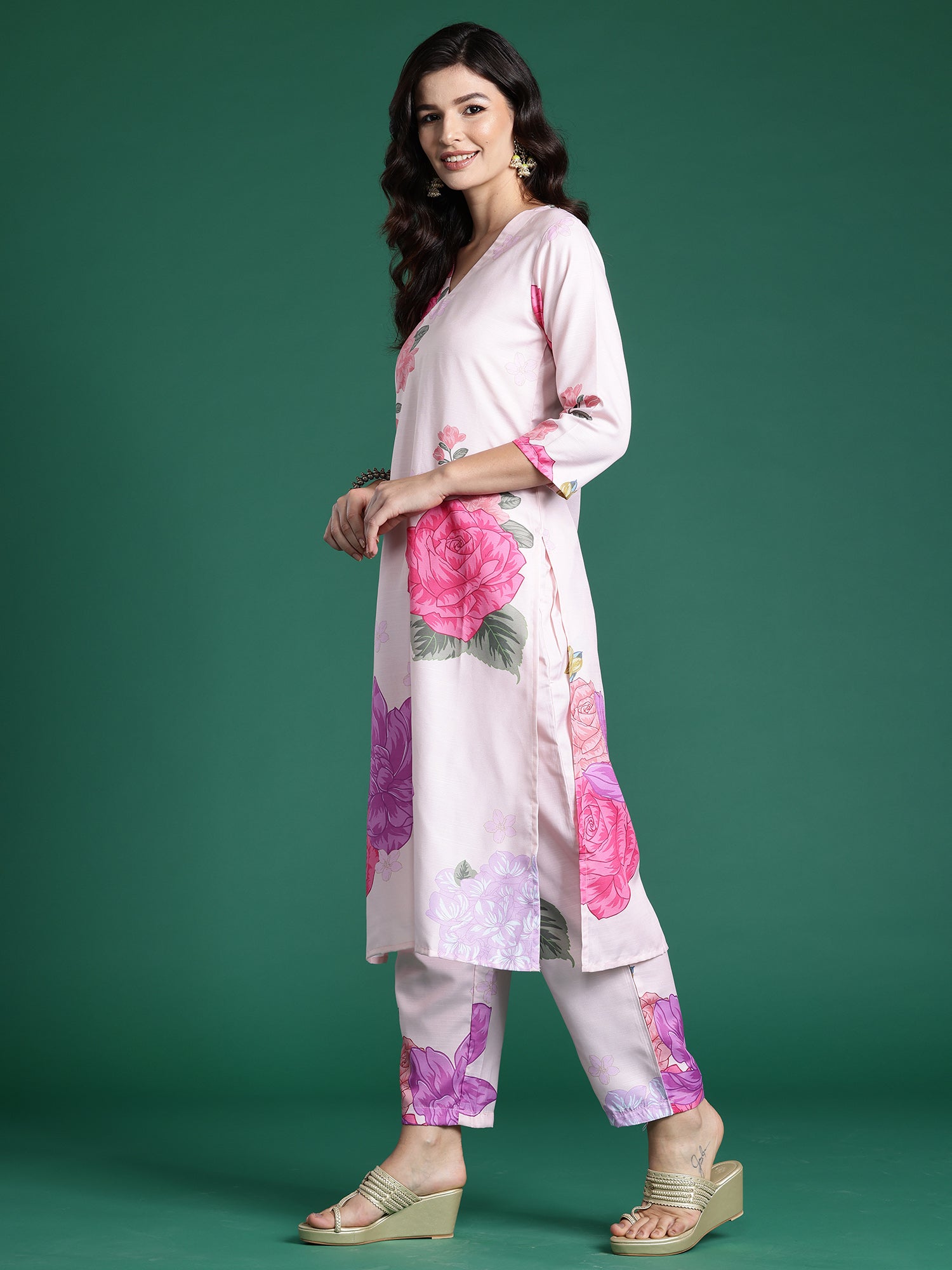 Peach Printed Straight Kurta Trousers  Set